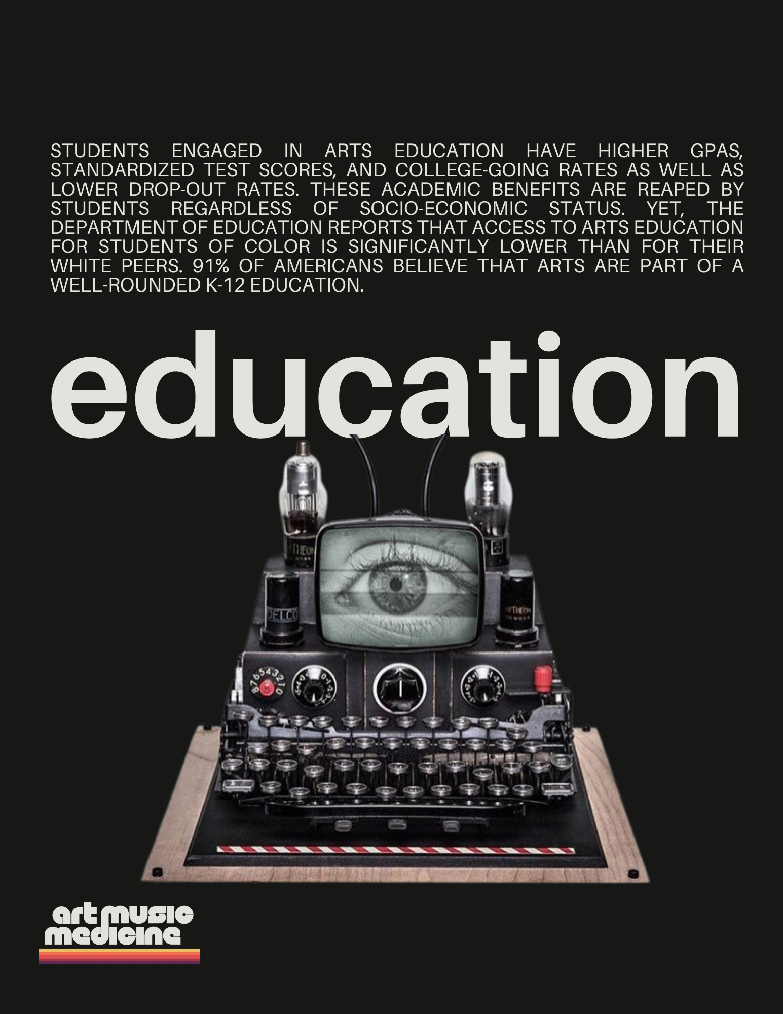 Poster with text about arts education disparity, featuring a vintage typewriter with a human eye on a screen and two vacuum tubes, and the logo 'art music medicine' at the bottom.