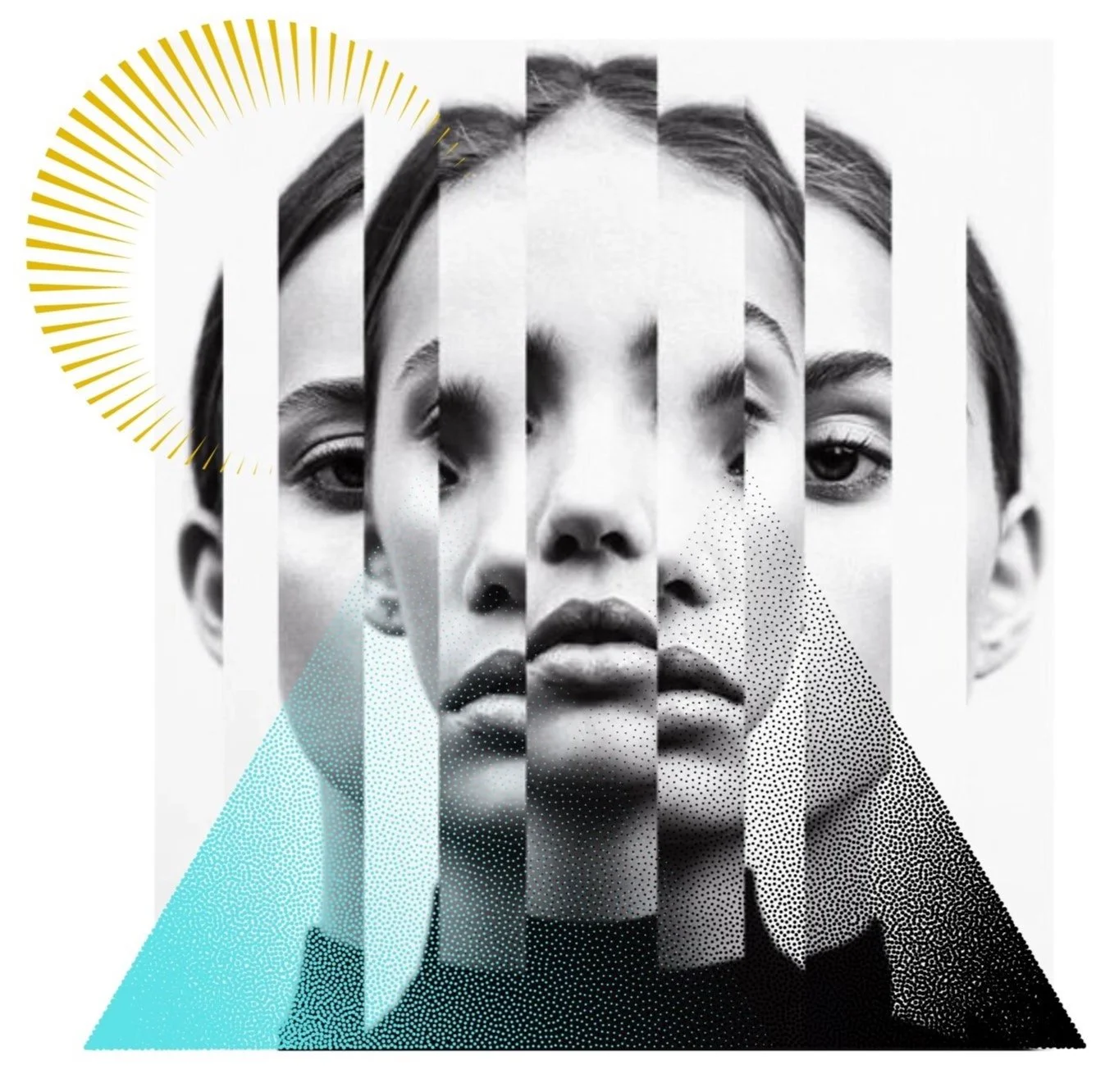 Black and white photo of a woman's face with a collage overlay of geometric shapes, including a yellow circle pattern and a blue triangle, creating an artistic and abstract portrait.