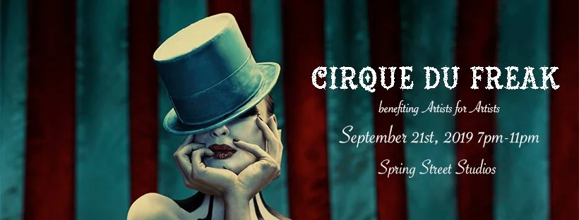 Poster for Cirque du Freak charity event featuring a mime with face paint, a top hat, and striped background.