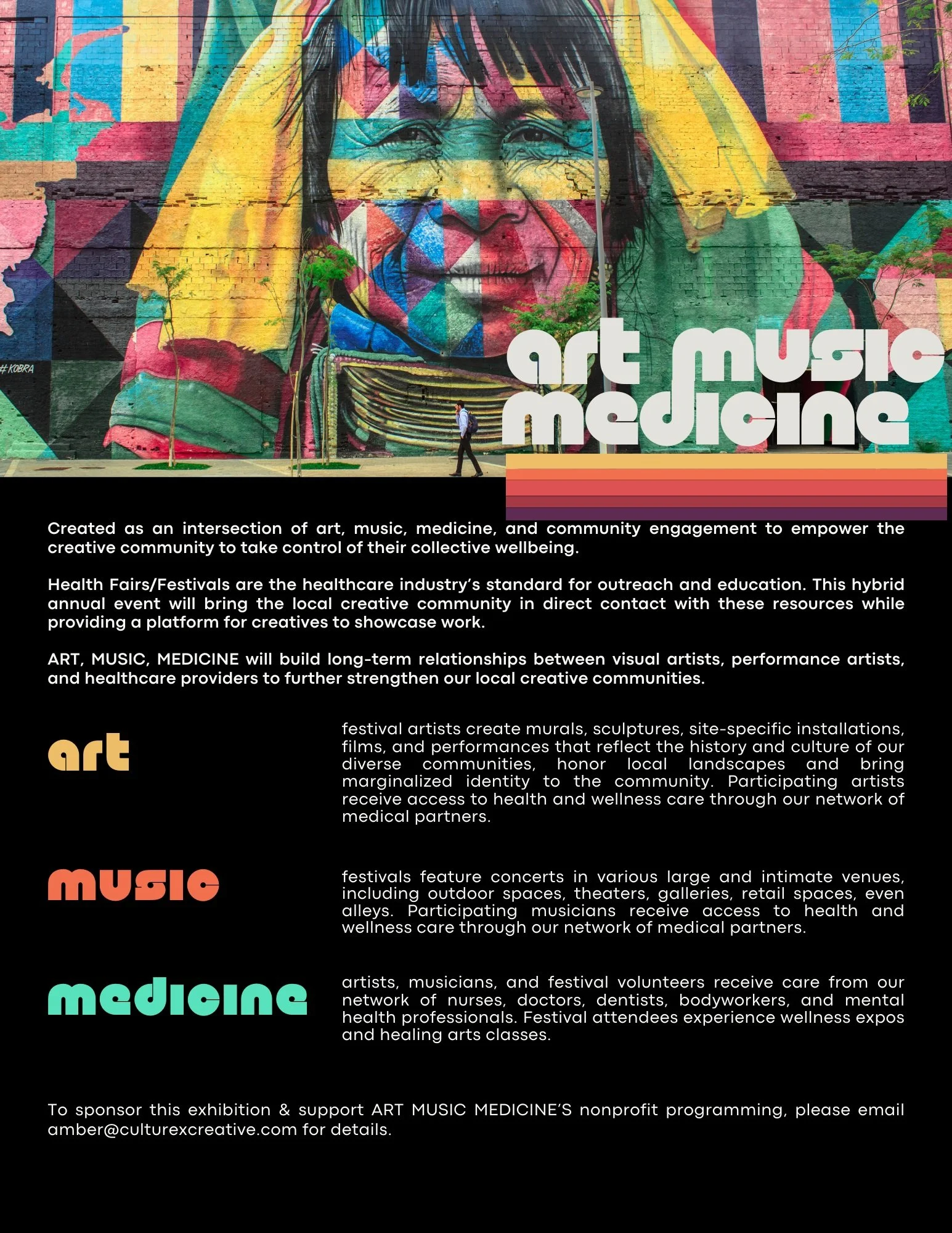 A colorful mural of a smiling young person with dark hair and a bright yellow head covering, painted on a large brick wall. The mural is overlaid with the words 'art music medicine' in bold, playful font, along with a paragraph describing an event promoting art, music, and medicine for community health and engagement.