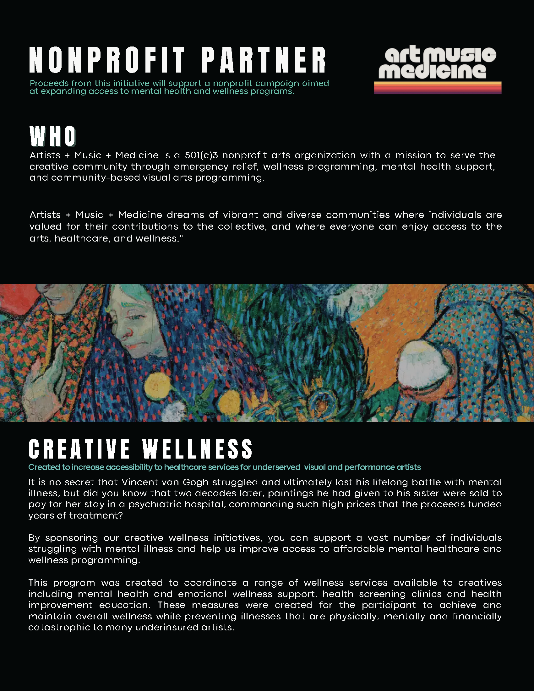 A flyer promoting a nonprofit partnership between artists, music, and medicine. It features information about supporting accessible mental health and wellness programs, with a colorful artwork of Vincent van Gogh's painting.
