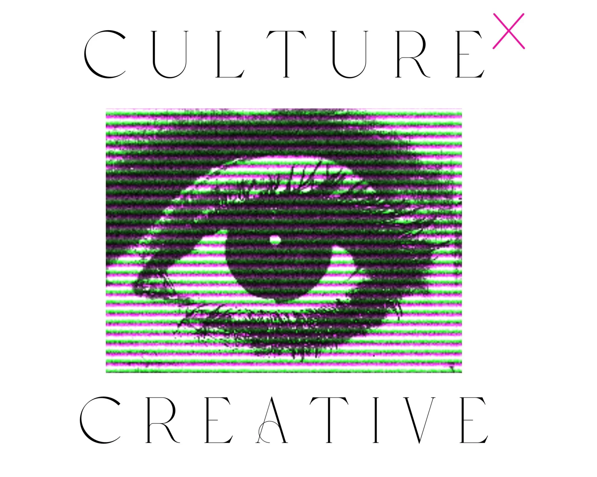 Text 'CULTURE' at the top and 'CREATIVE' at the bottom with a stylized eye in the center, featuring horizontal lines and green and pink color overlay.