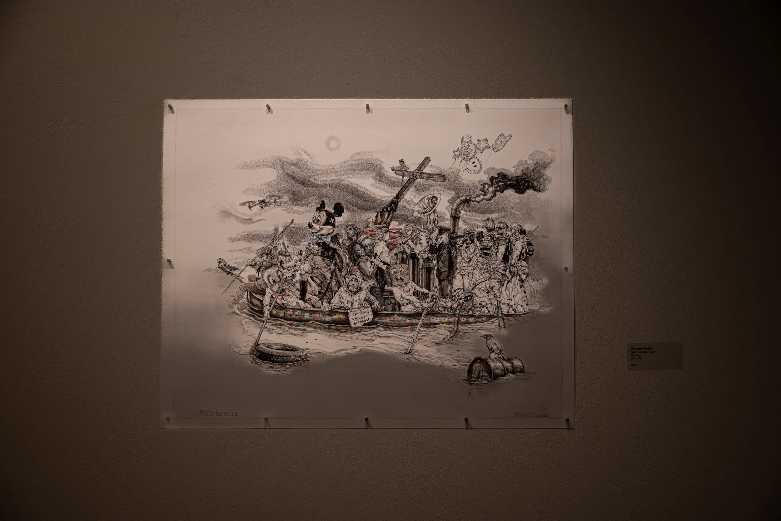 Black and white drawing of a boat filled with diverse immigrants crossing the water with a Mickey Mouse figure among them, smoke rising in the background, and a small boat with a person in the water in the foreground.