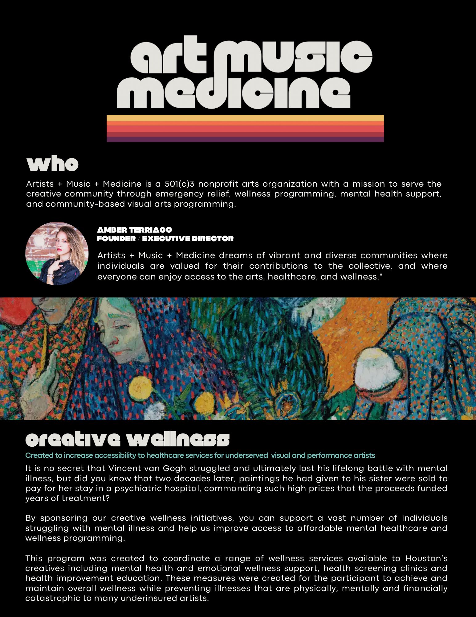A promotional poster for Art Music Medicine, highlighting its mission to serve the creative community through arts, wellness, and mental health programs. It features a colorful abstract artwork inspired by Vincent van Gogh and includes descriptions of the organization, its founder Amber Terriaco, and initiatives for healthcare accessibility for artists.