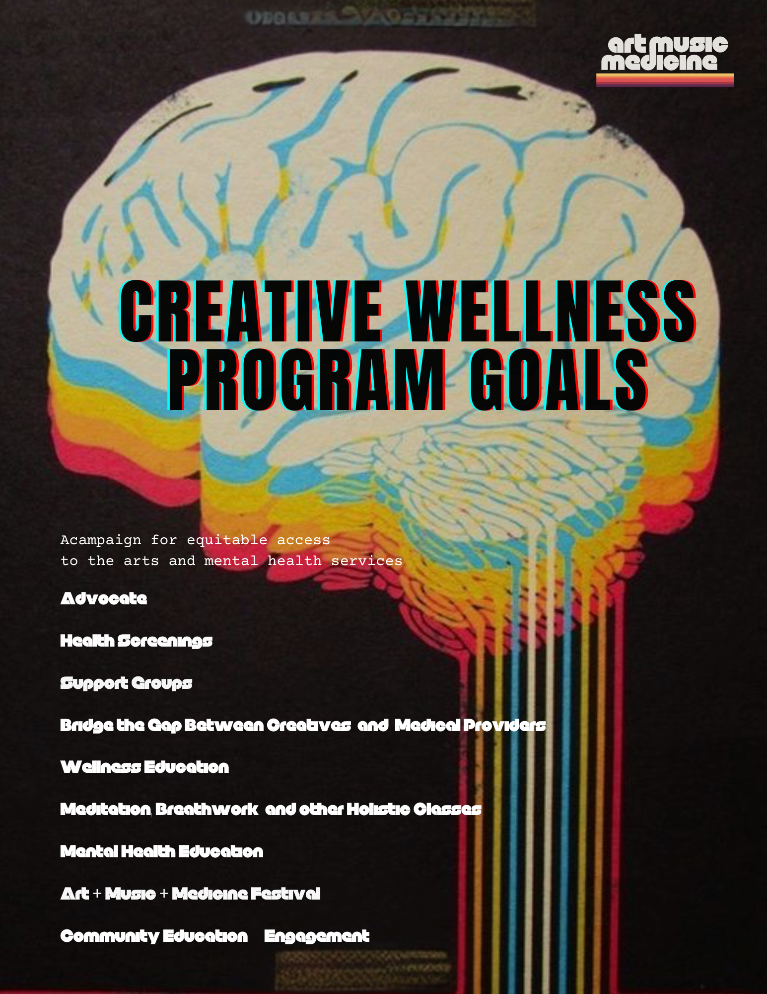 Poster titled 'Creative Wellness Program Goals' with an illustration of a colorful human brain and list of program objectives, including advocating for mental health, health screenings, support groups, bridging the gap between creatives and medical providers, wellness education, holistic classes, mental health education, art, music, and medicine festival, community education, and engagement.