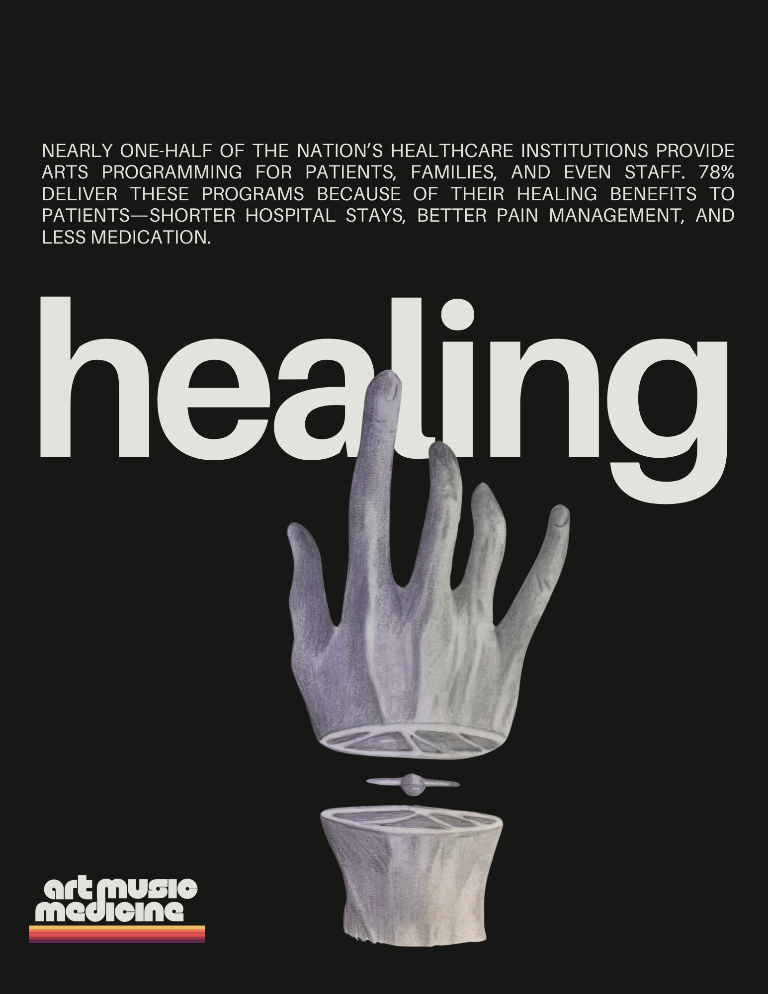 Poster with the word 'healing' in large letters, a hand reaching out, and the logo 'art music medicine' at the bottom.