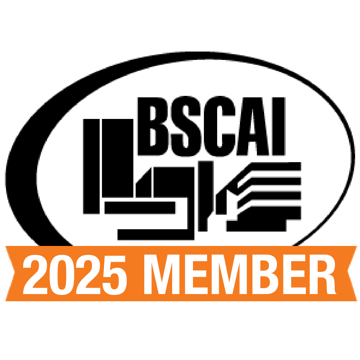 Black background with the text "Official Member" at the top and "2025 MEMBER" BSCAI in white on an orange banner at the bottom.