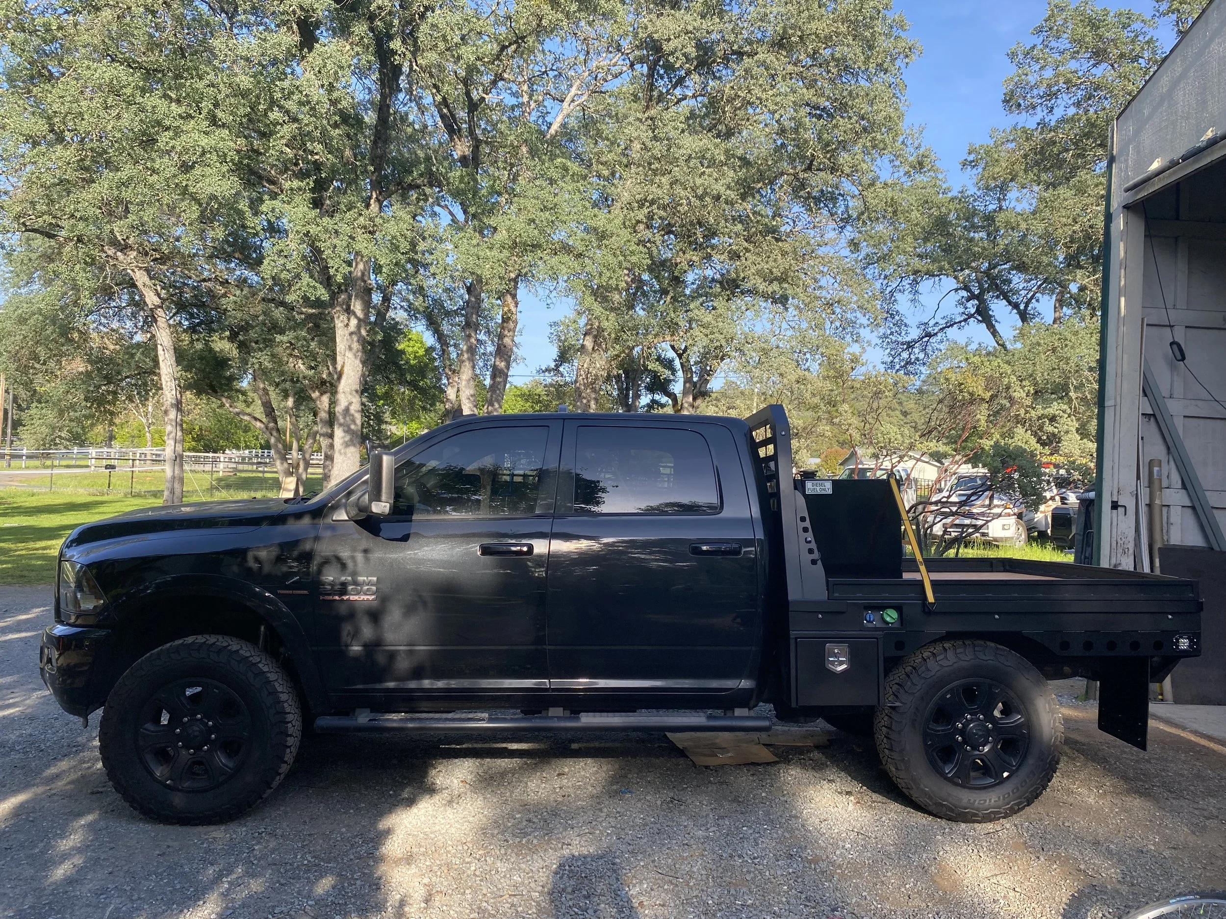 Short Bed SRW Steel Frame, Wood Deck, Flat Black Powder Coat, Bed Rails, Rub Rails, 18" Underbody Toolboxes, Flood Lights