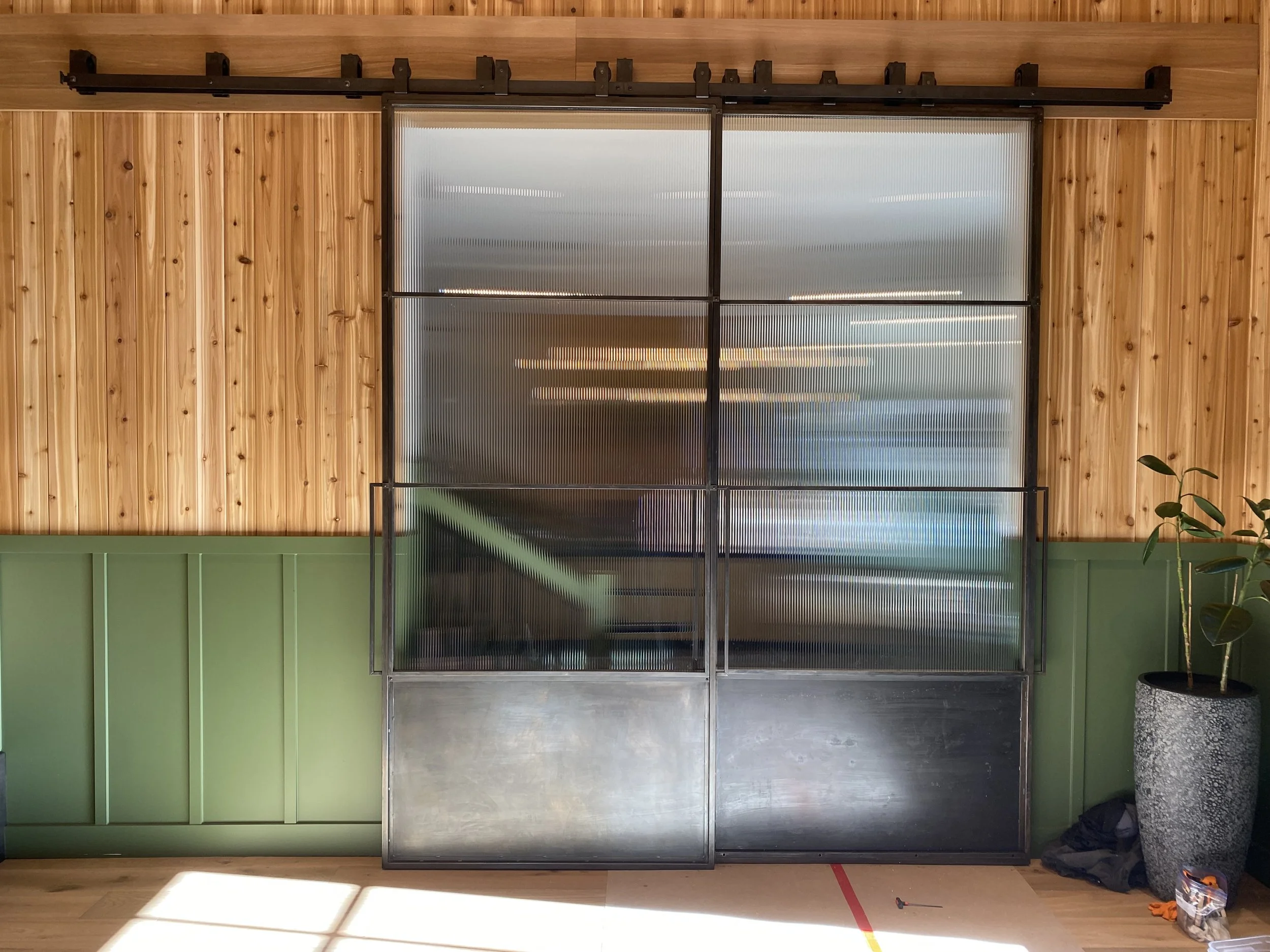 Steel Doors Blued with Permalac Matte Clear Coat with Tempered Reeded Glass