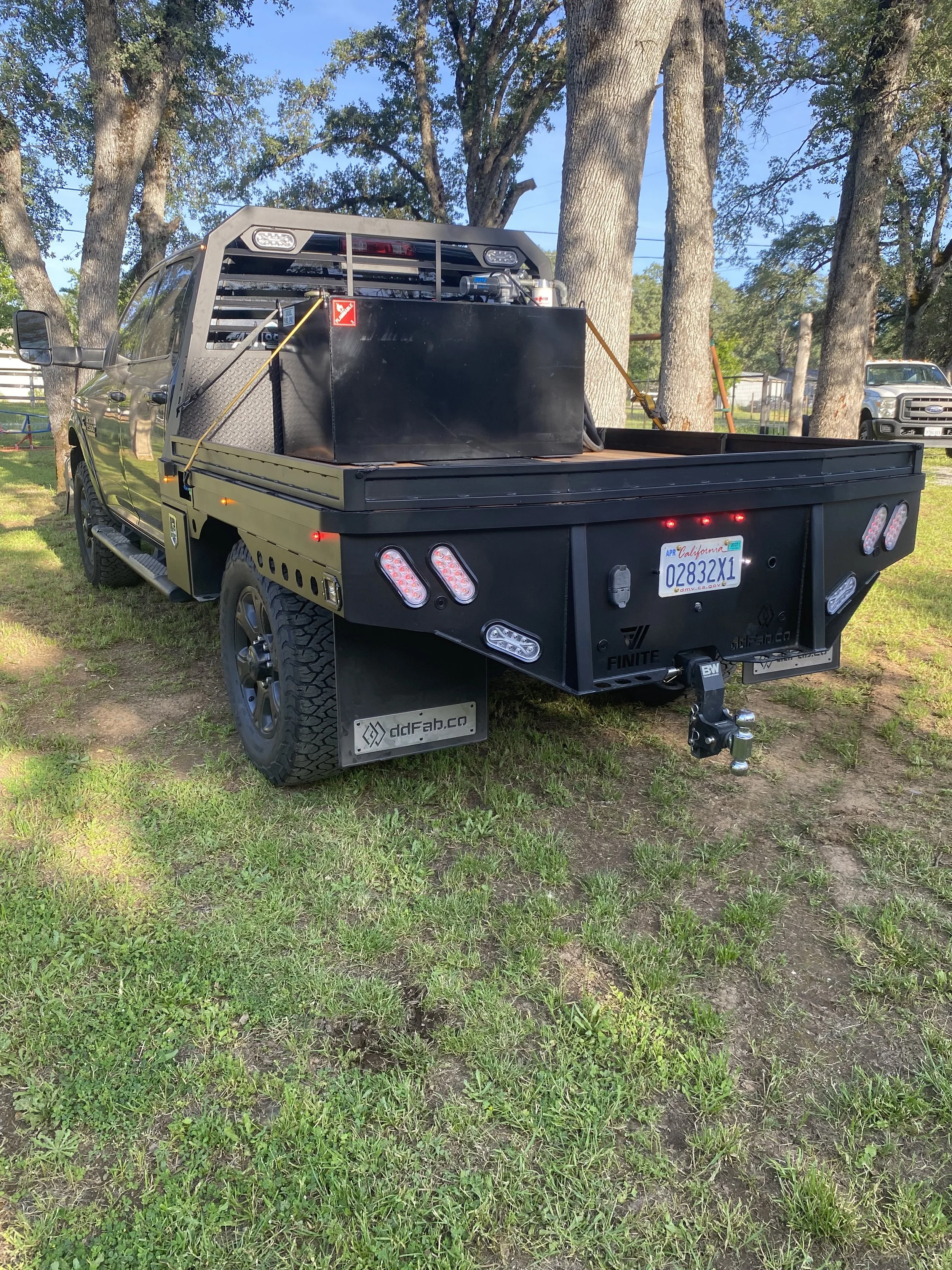 Short Bed SRW Steel Frame, Wood Deck, Flat Black Powder Coat, Bed Rails, Rub Rails, 18" Underbody Toolboxes, Flood Lights