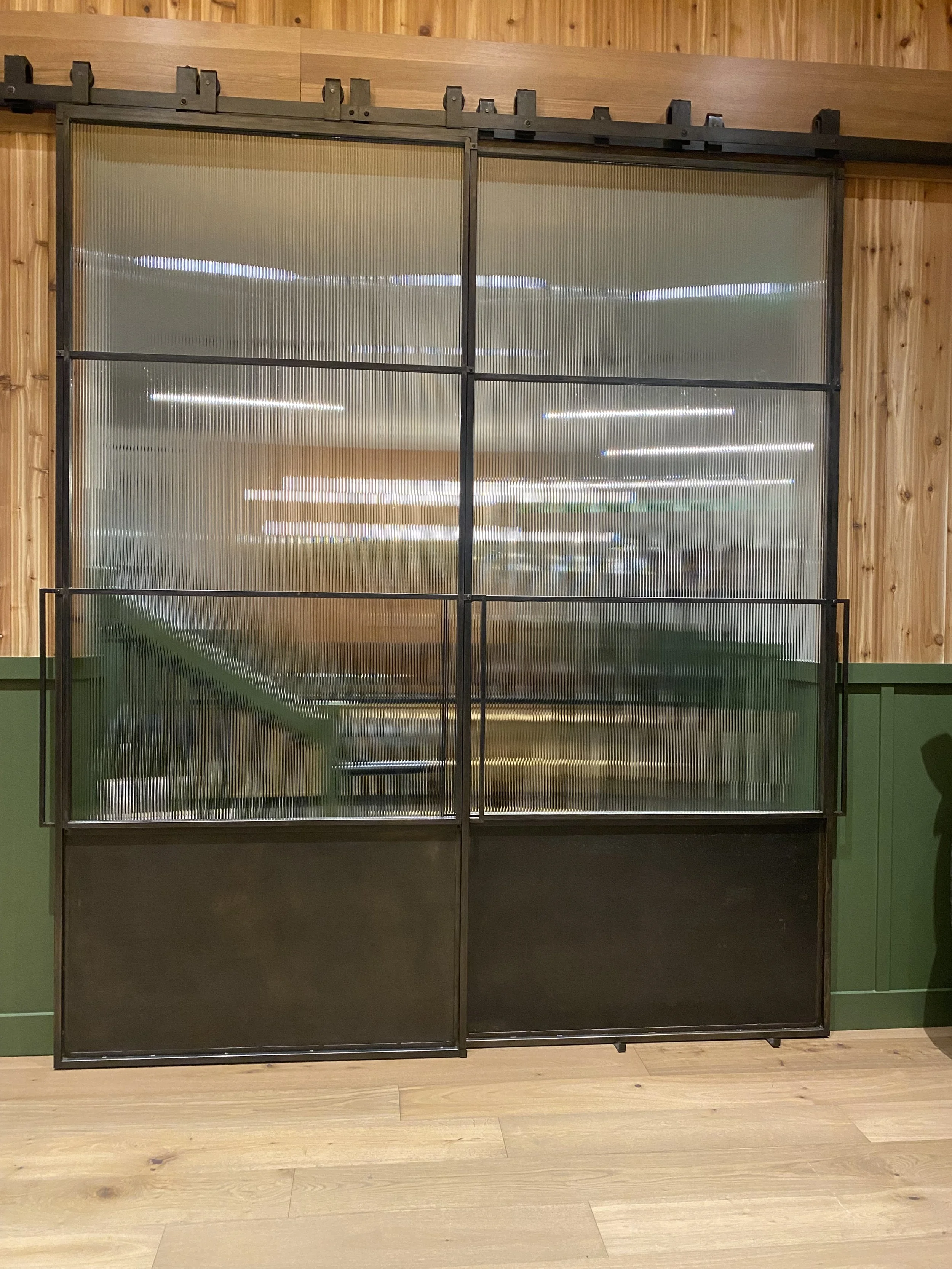 Steel Doors Blued with Permalac Matte Clear Coat with Tempered Reeded Glass