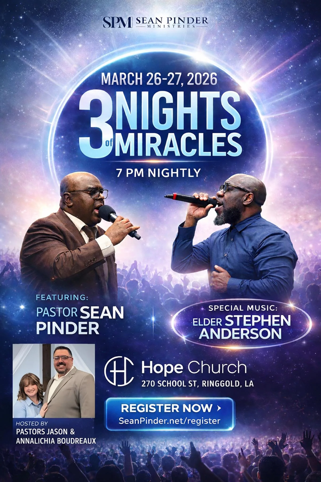 Night two of 3 Nights of Miracles is here! God moved powerfully last night - lives were touched, miracles happened, and breakthroughs were released. We're expecting even more tonight. Don't miss it!

🗓️ Dates: March 26-27
⏰ Time: 7 PM nightly 
⛪️ Ve
