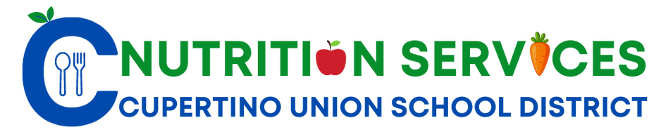 Logo for Nutrition Services at Cupertino Union School District, featuring a blue apple with a fork and knife icon, and the words 'Nutrition Services' with an apple and a carrot replacing the letter 'O'.