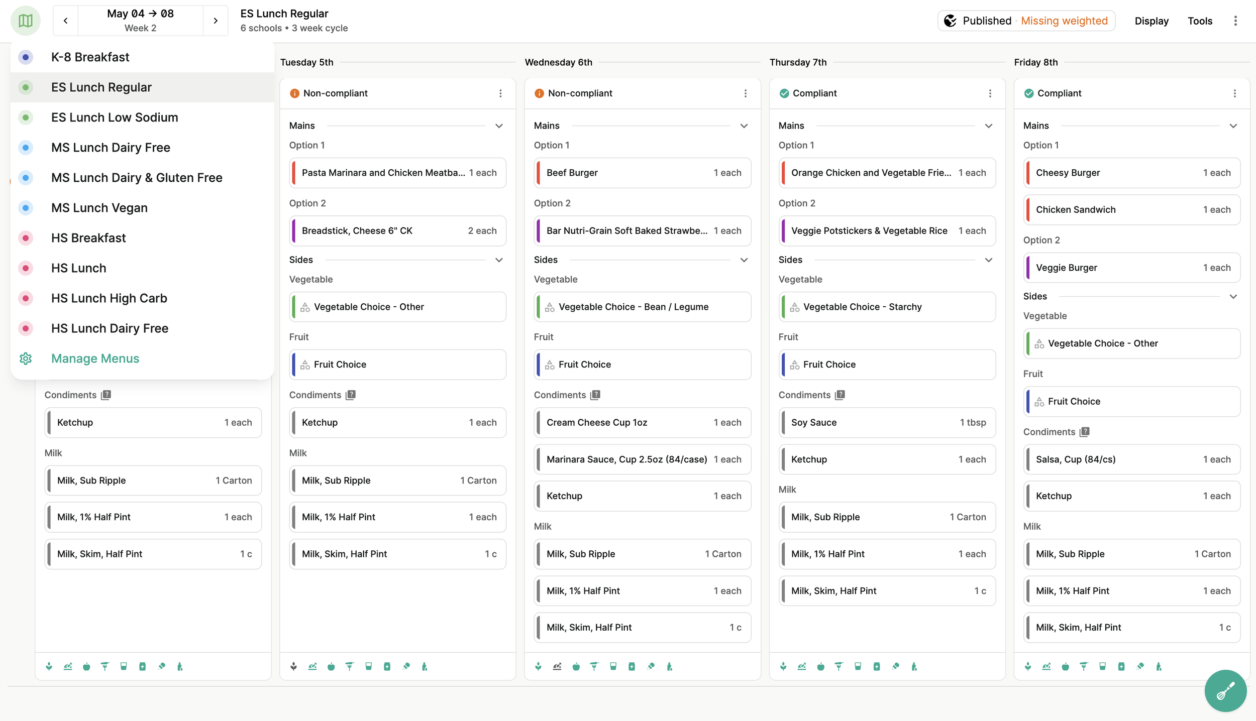 Gaia menu planning screen