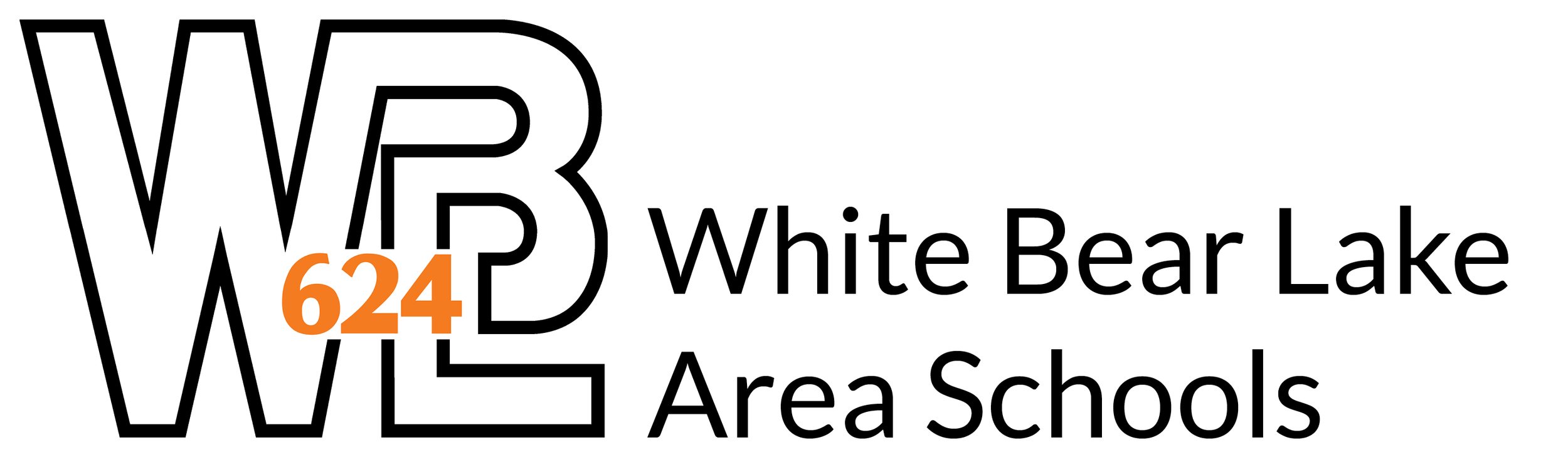 Logo with large black outline letters 'WBE' and the number '624' in orange, alongside the text 'White Bear Lake Area Schools' in black.