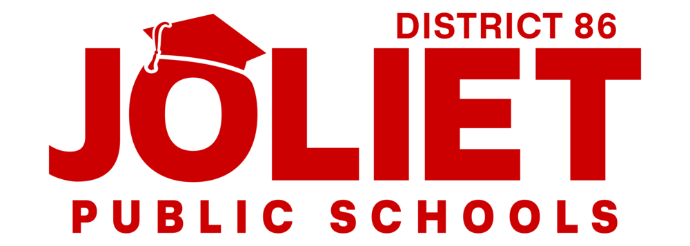 Logo for Joliet Public Schools District 86 featuring the words 'Joliet Public Schools' in red text, with a red graduation cap on the letter 'O' in 'Joliet'.