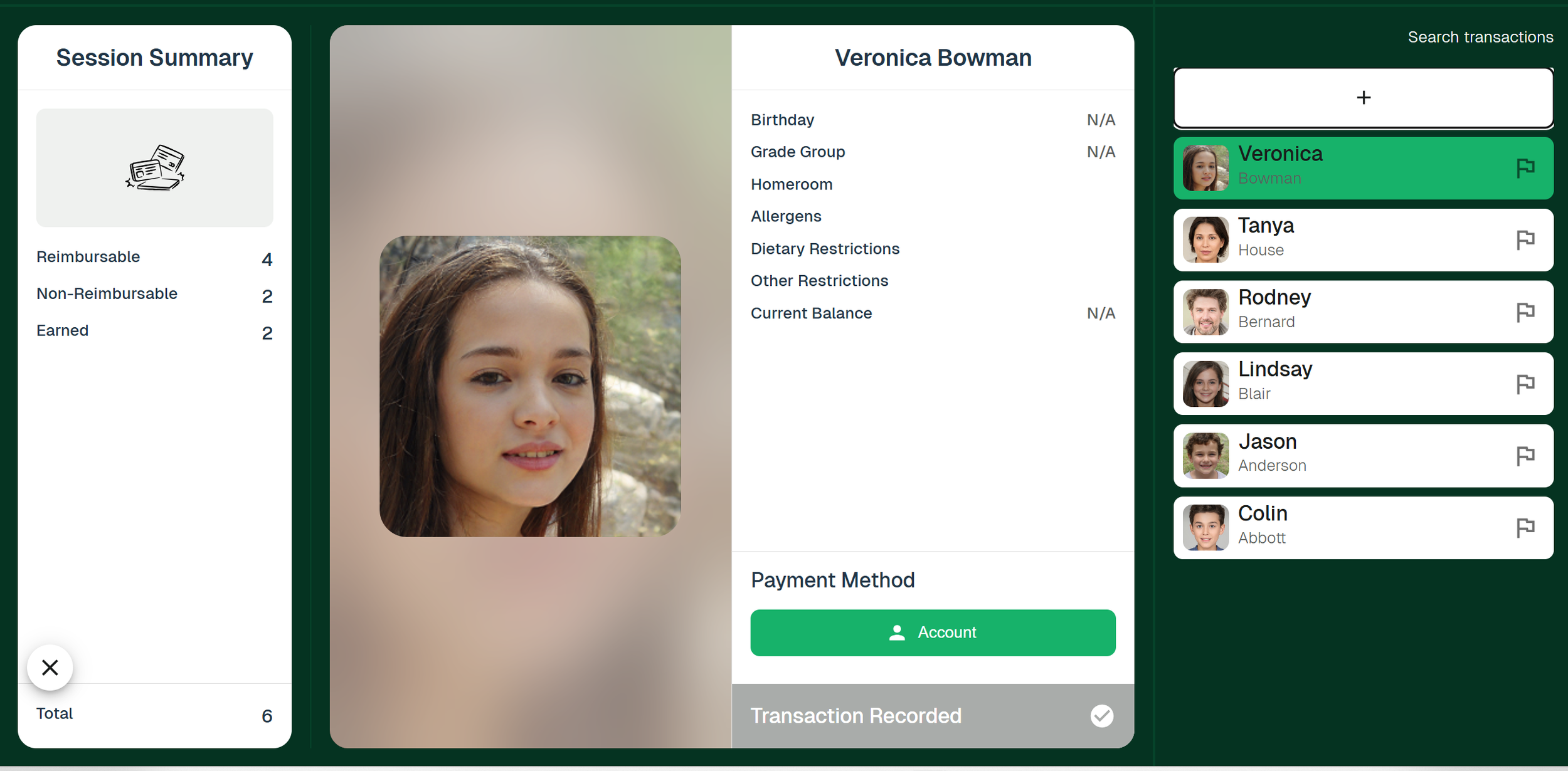 Screenshot of a digital dashboard showing a session summary with reimbursements, a profile photo of a young woman, and a list of contacts with icons indicating transaction status.