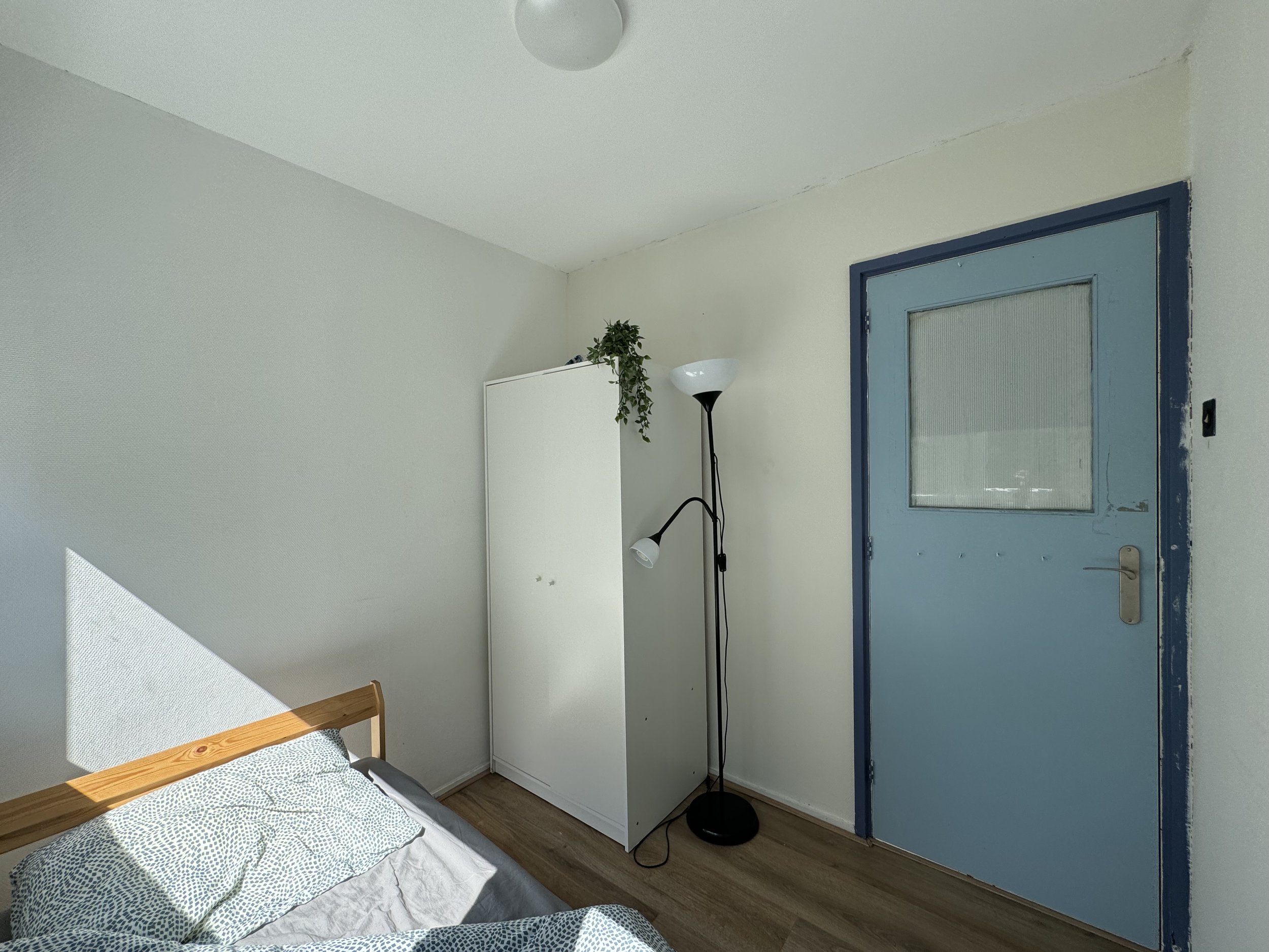 Minimalist bedroom with bed, wardrobe, floor lamp, blue door, and wooden floor.