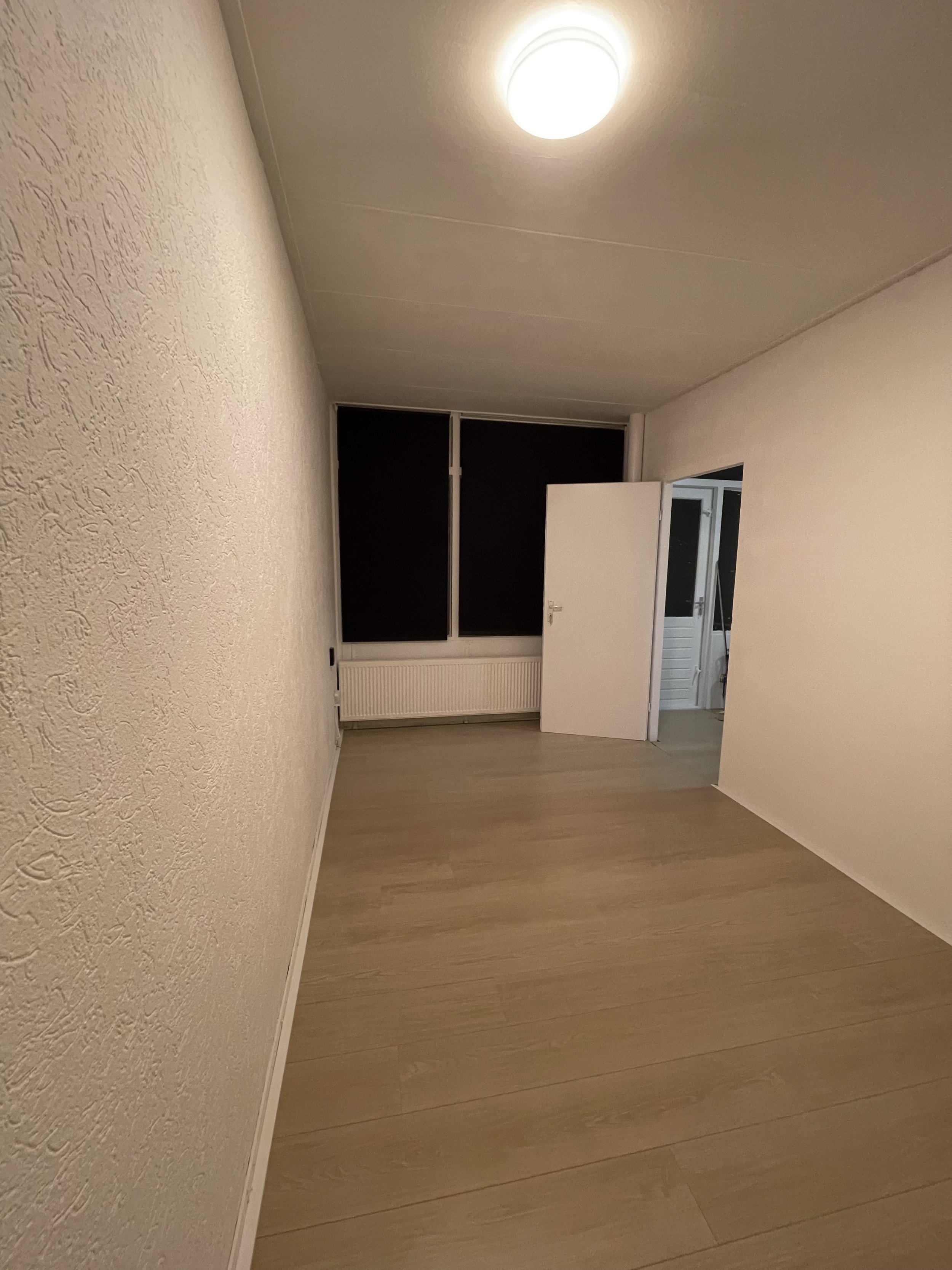 Empty room with wooden floor, textured walls, and a ceiling light, featuring a window and an open door.