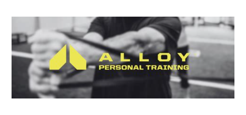Logo for Alloy Personal Training with a person stretching in the background.