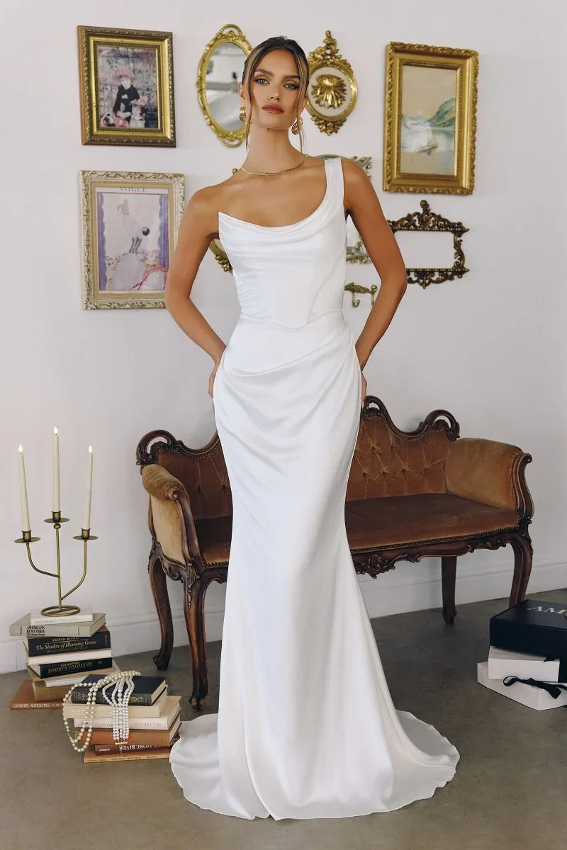 Elegance One-Shoulder White Satin Gown