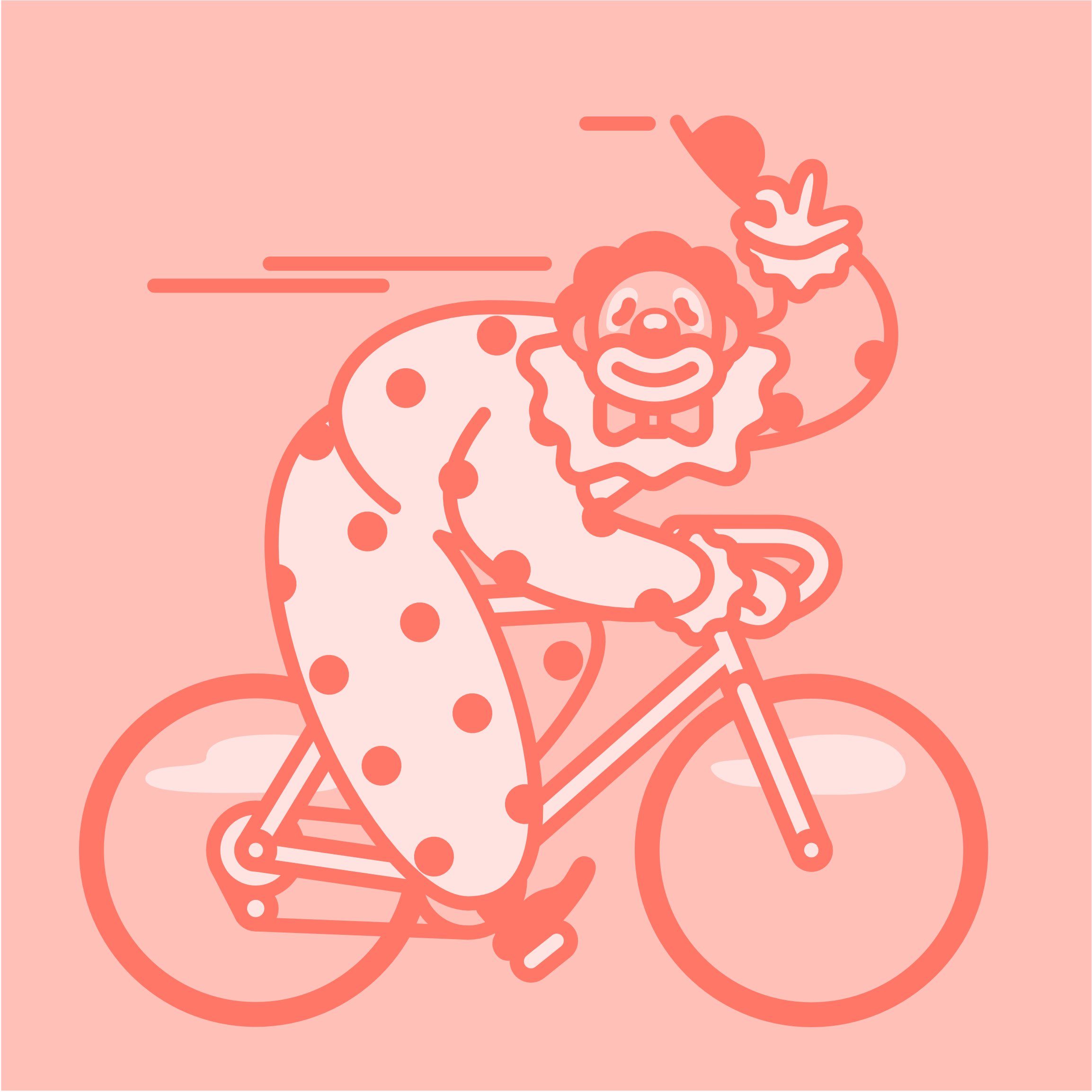 Korallrote Illustration eines lächelnden Clowns auf einem Fahrrad, der seinen Hut hebt.