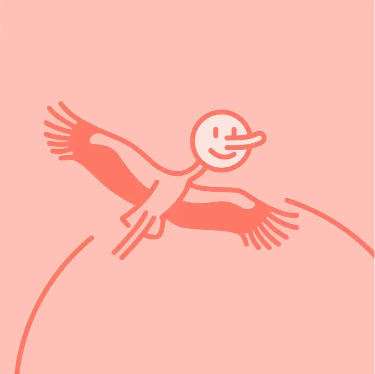 Eine lachsfarbene Illustration eines fliegenden Vogels mit einem lächelnden Gesicht und einer langen Pinocchio-Nase, der über eine angedeutete Weltkugel fliegt