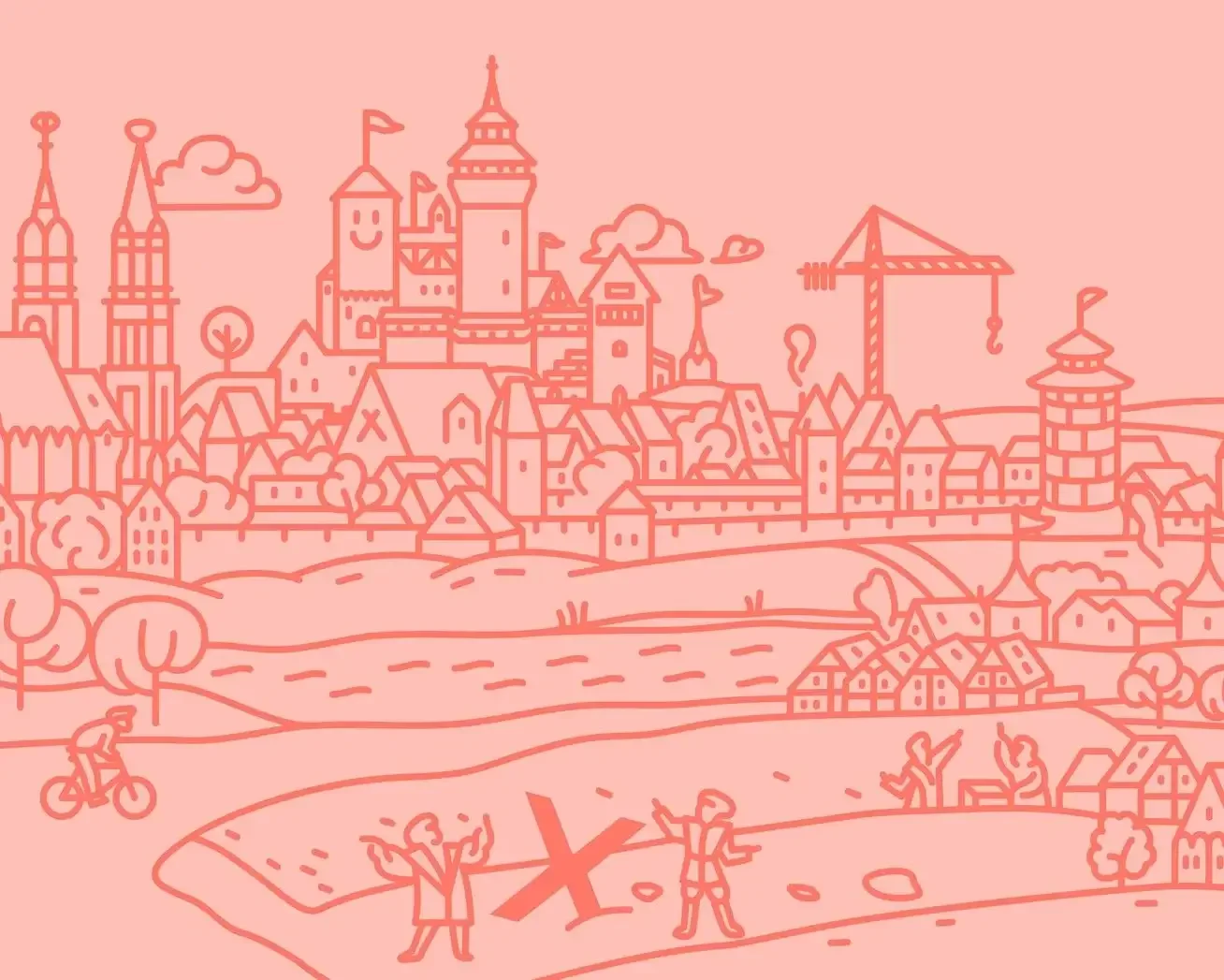 Illustration der Nürnberger Altstadt mit Burg und Baukränen. Im Vordergrund diskutieren politische Akteure neben einem roten Wahlkreuz. Symbolbild für die Nürnberger Kommunalwahl, Koalitionsverhandlungen im Stadtrat und Großprojekte.