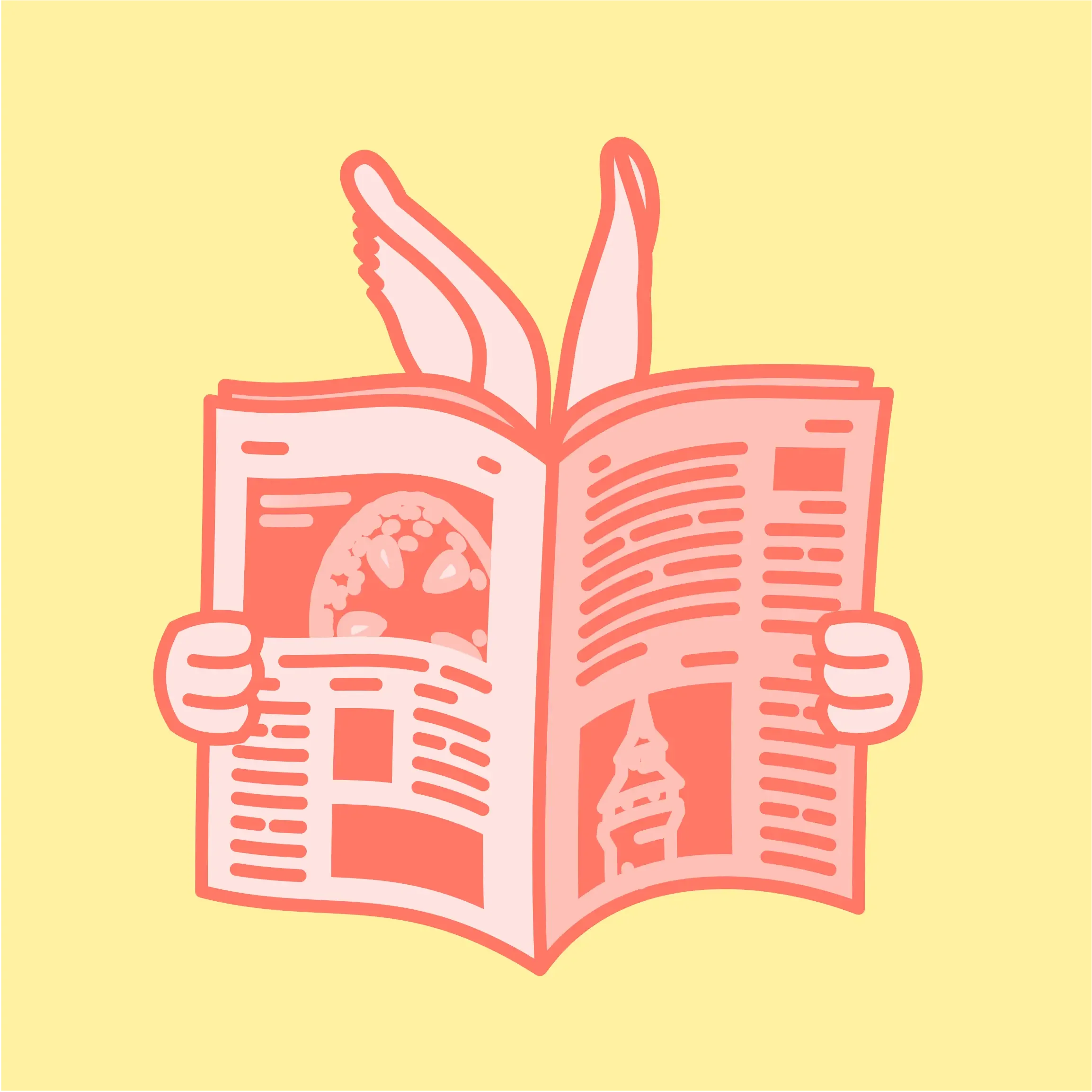 Illustration eines Hasen, der eine aufgeschlagene Zeitung liest – im Cartoon-Stil mit korallenroten Linien auf hellgelbem Hintergrund.