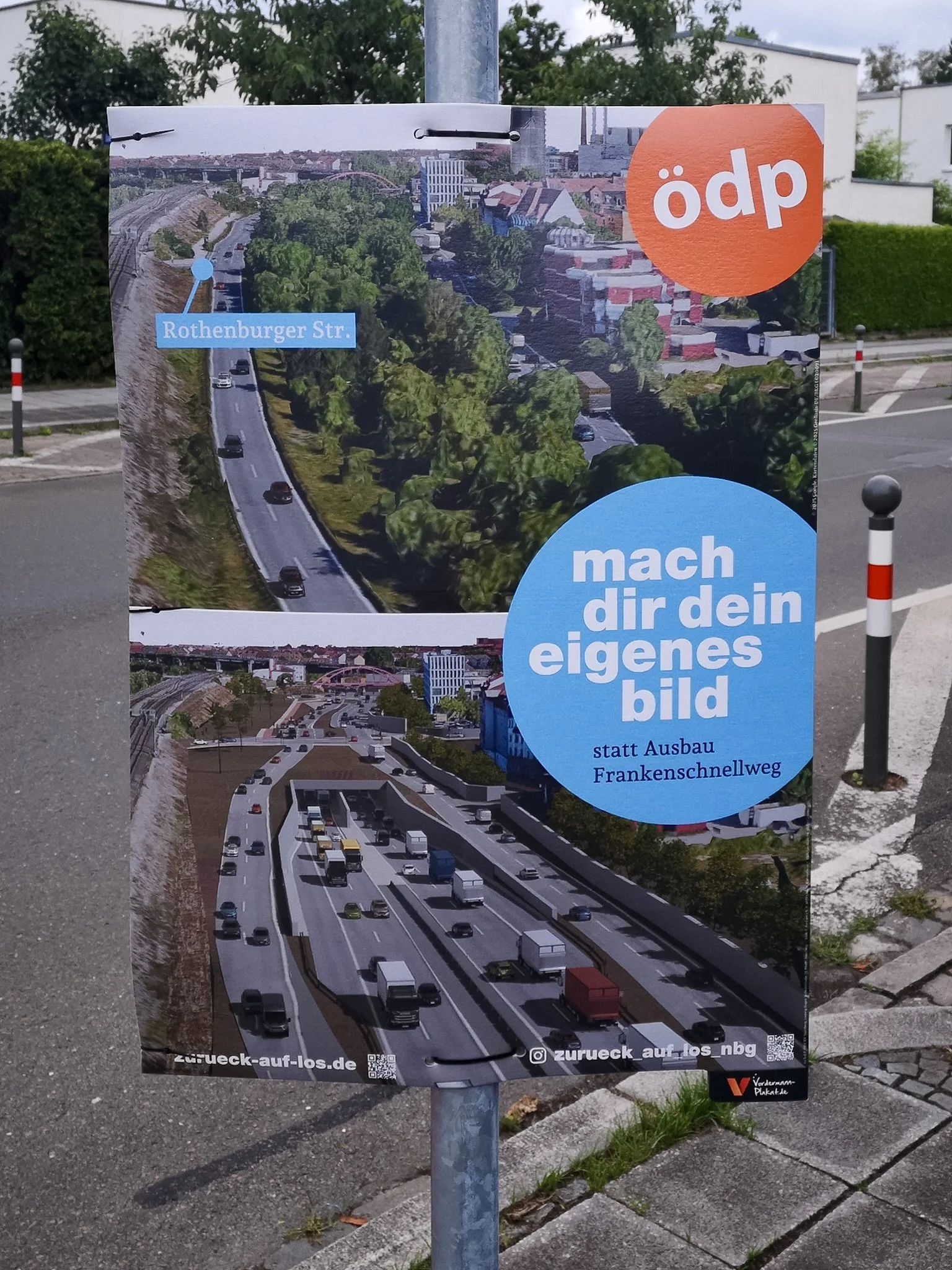  ÖDP-Wahlplakat gegen Frankenschnellweg-Ausbau mit Verkehrsstau-Foto und Slogan "mach dir dein eigenes bild" 