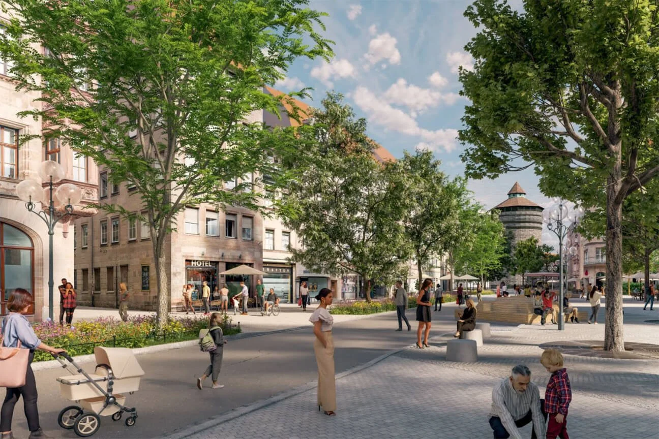 Architektur-Visualisierung der Nürnberger Königstraße als begrünte Fußgängerzone mit Bäumen, Sitzgelegenheiten und flanierenden Menschen.