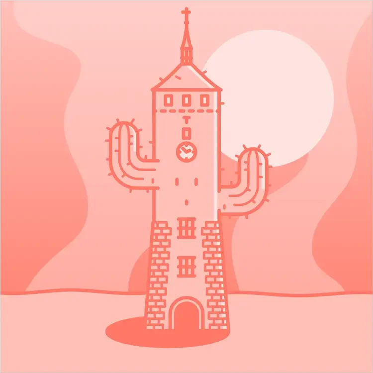 Der Weiße Turm in Nürnberg als Kaktus in einer Wüstenlandschaft illustriert – kein Baum, kein Schatten, keine Bank.