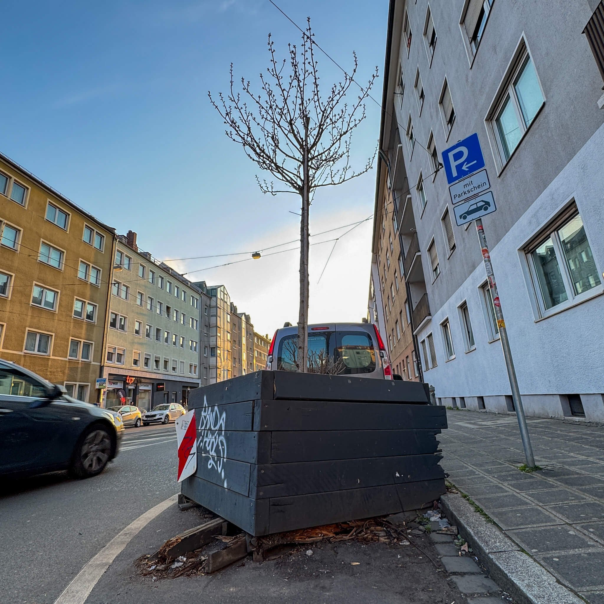 Straßenansicht der Wölckernstraße in Nürnberg mit Baumtrog am Fahrbahnrand.