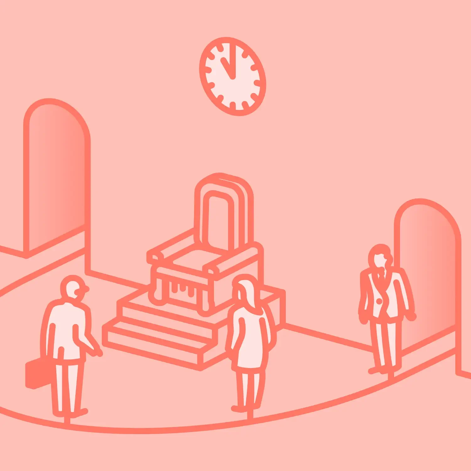 Illustration von Paul Blotzki: Abstrakte Darstellung des Nürnberger Männleinlaufens mit Politikern vor einem leeren Thron und einer Uhr, die fünf vor zwölf zeigt.