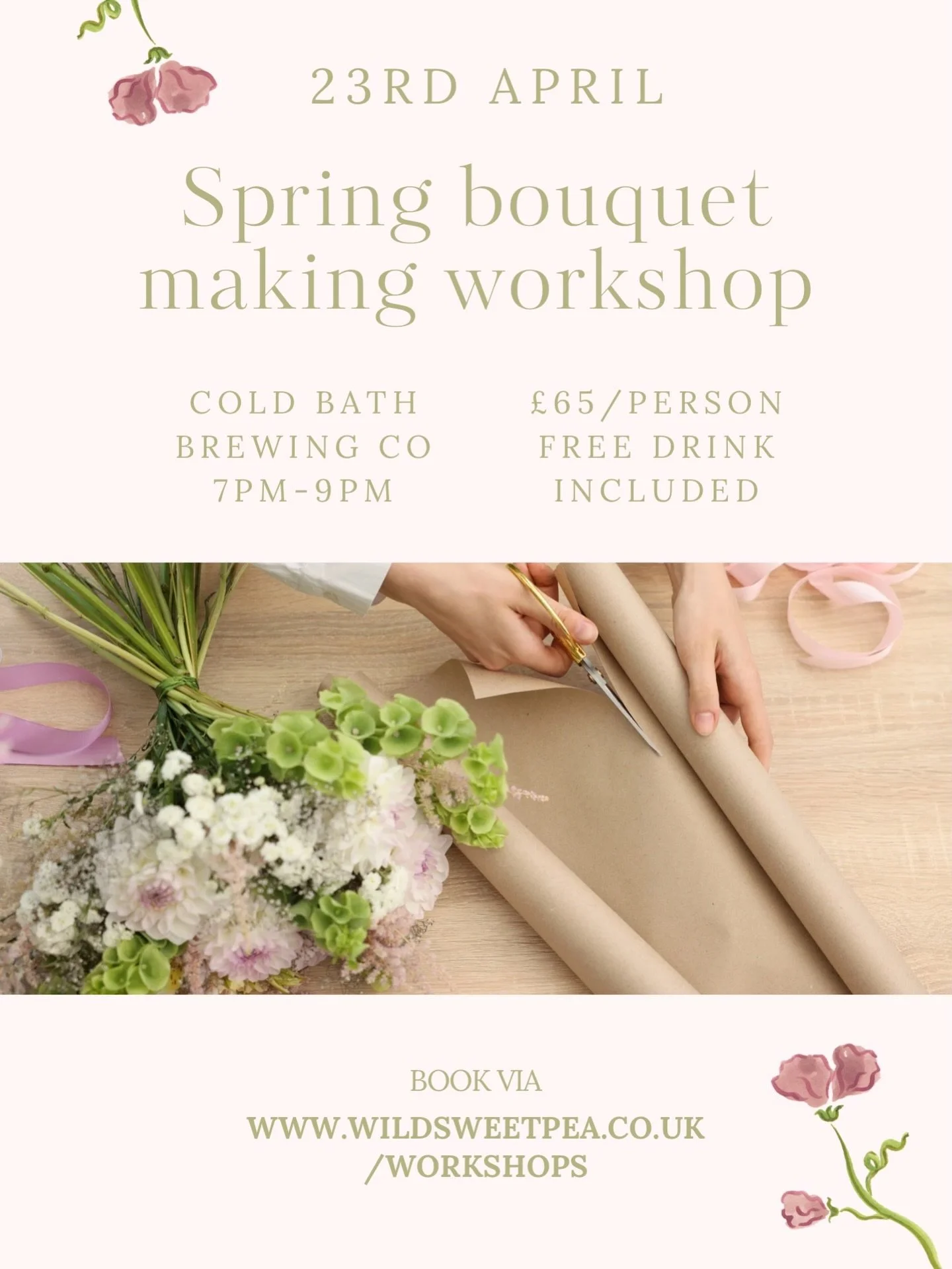 Come and spend a slow spring evening with me and @coldbathbrewing @coldbathclubhouse surrounded by the best beautiful, Spring flowers. 

I&rsquo;ll guide you in creating a natural, hand-tied bouquet that feels effortless and full of movement. 

The w