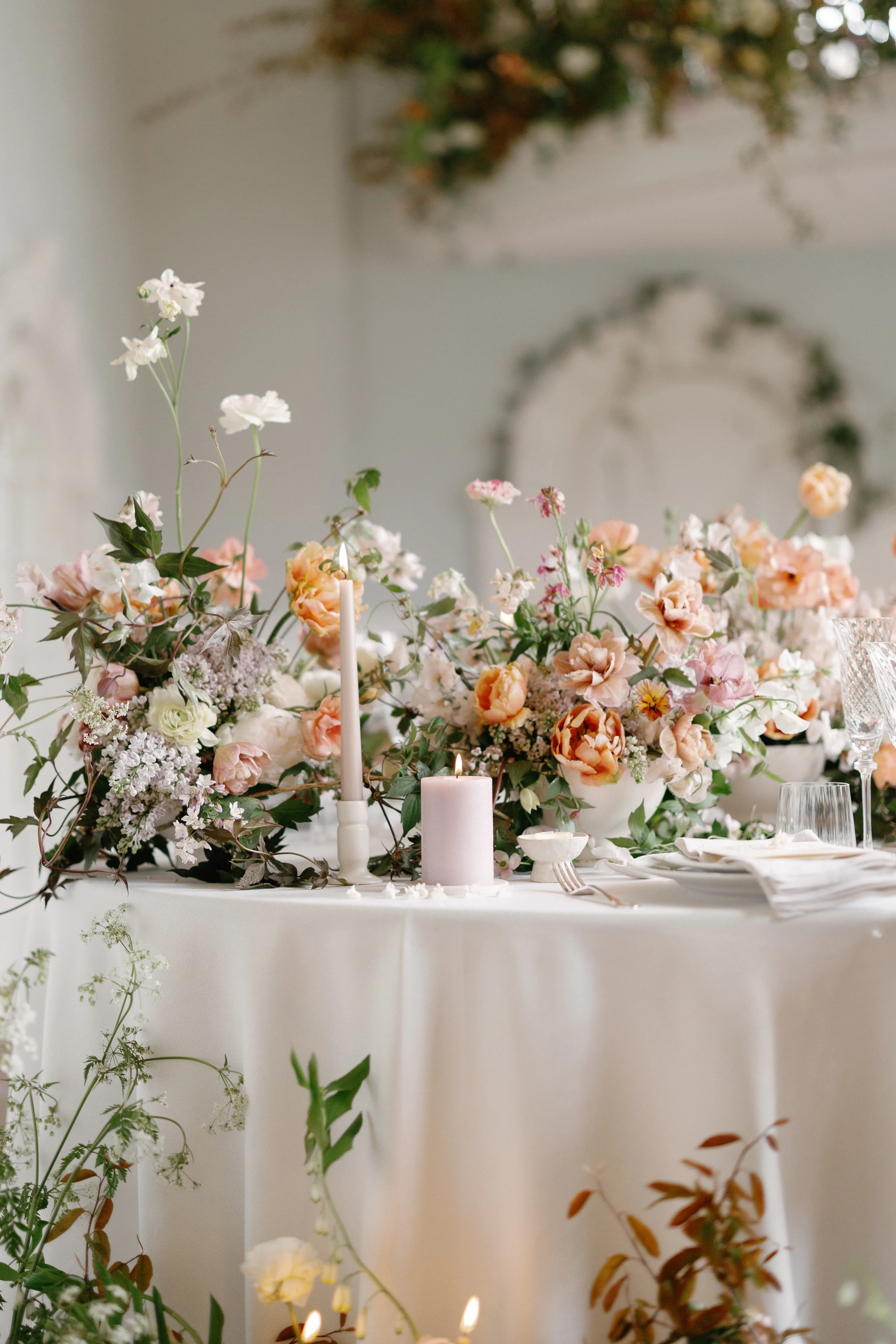 A collection of compote bowls used to create a show stopping table scape for a wedding reception in Yorkshire