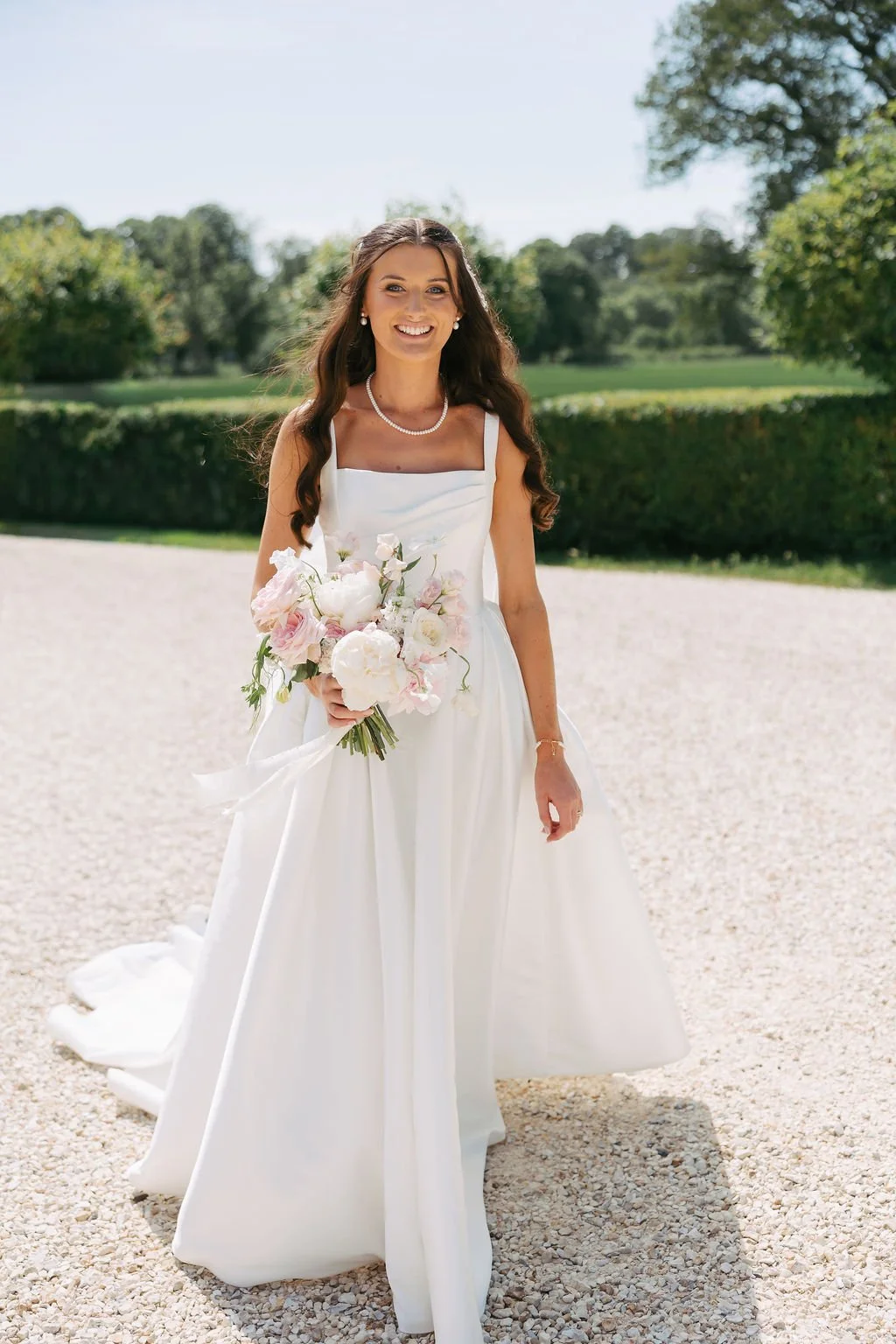 Pink and white peony and rose bridal bouquet Ceremony flowers for a wedding at Thicket Priory, made by a luxury Yorkshire wedding florist