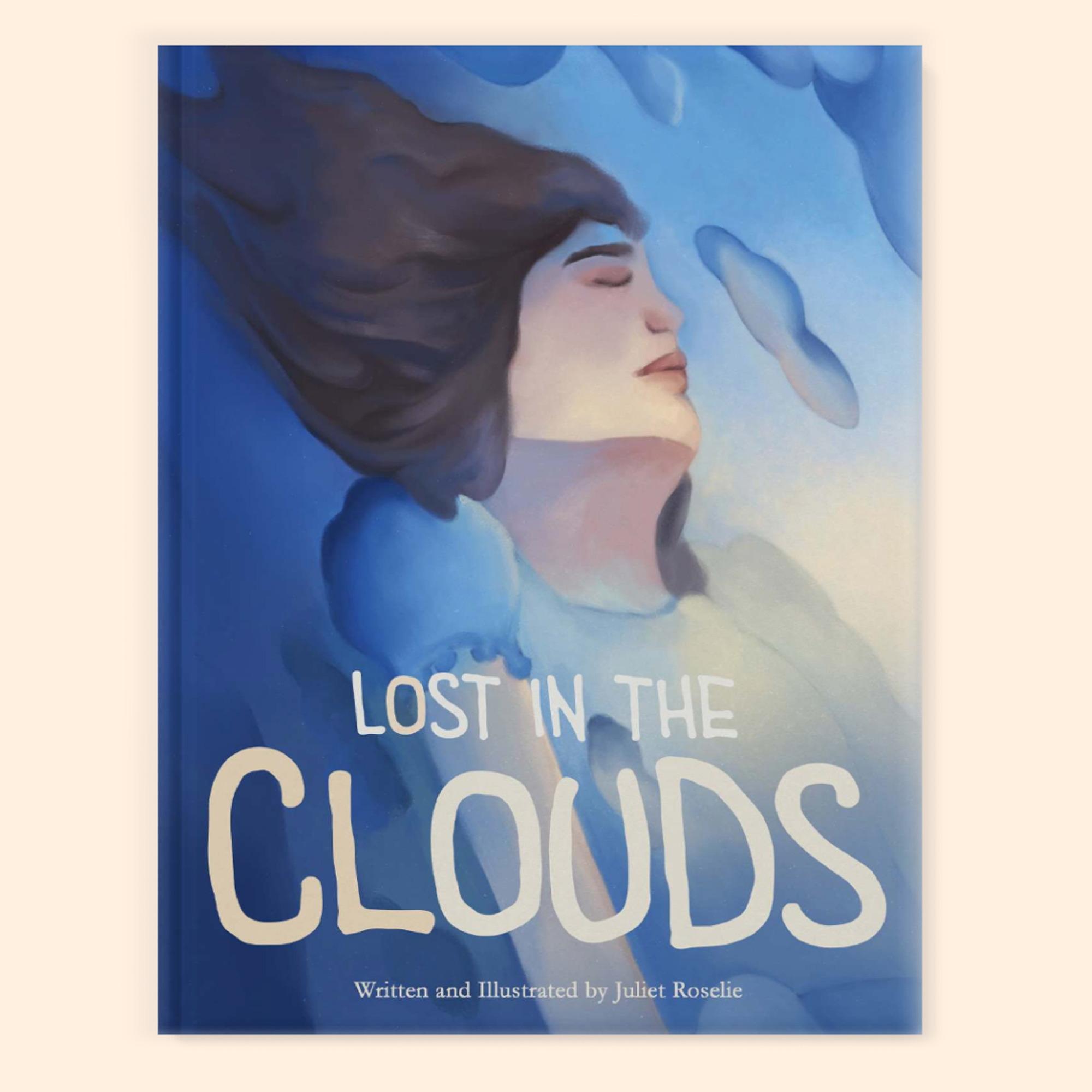 Lost in the Clouds book cover featuring a woman with her eyes closed, surrounded by soft, colorful clouds