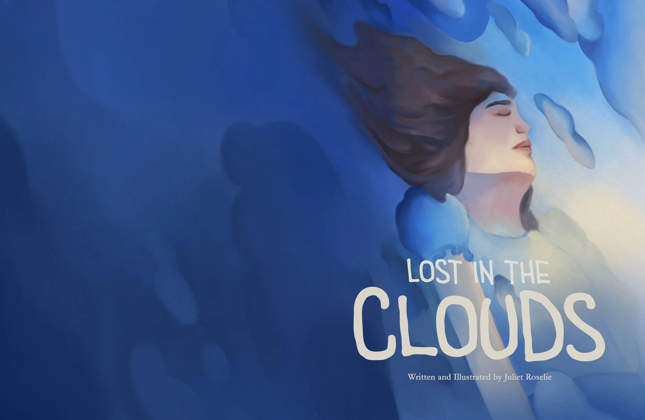 Lost in the Clouds book cover featuring a woman with her eyes closed, surrounded by soft, colorful clouds