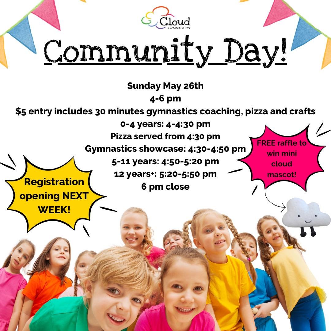 Come down to our COMMUNITY DAY and have some fun with the Cloud Gymnastics team! #kidsactivities #communityday #gymnastics #downtownsquamish #newbusiness