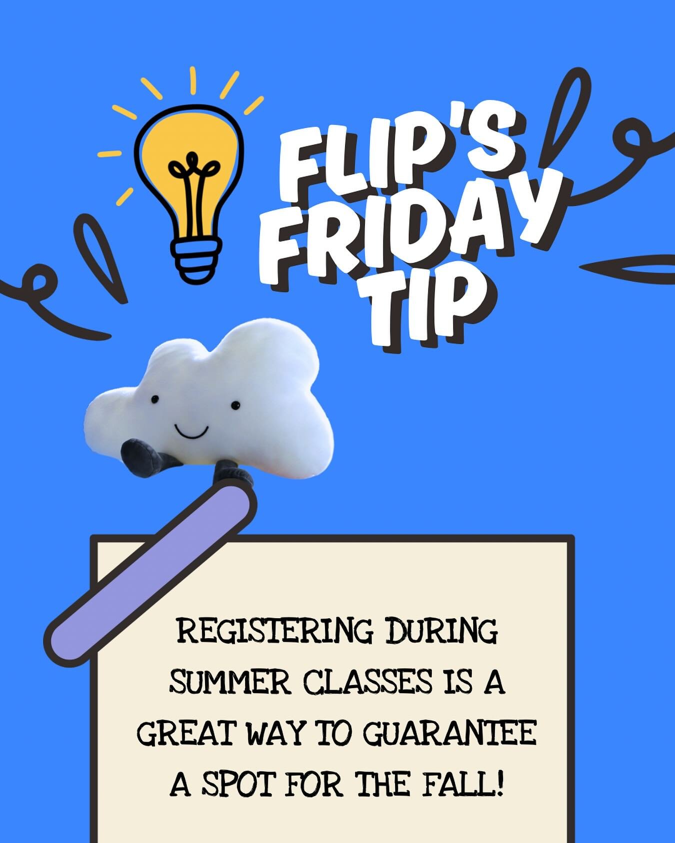 Our mascot is here with some flippin&rsquo; good advice for you 🫣‼️

Want a guaranteed in for fall? Staying enrolled or signing up through the summer is the best trick in the book for beating those back to school waitlists! 

Not only do you lock in