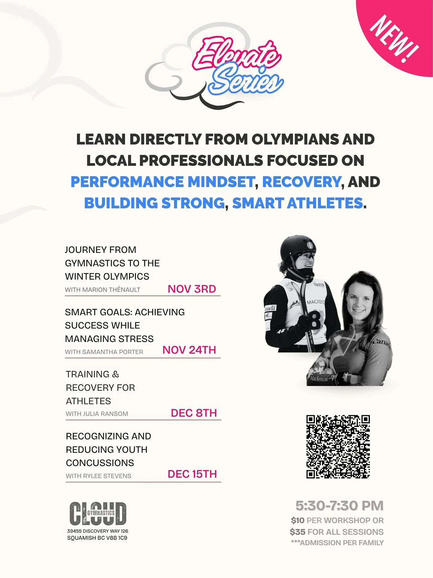 SURPRISE!!! We&rsquo;re launching a Monday night workshop series at Cloud to support healthy sport development for young athletes and their families!

Each session is led by Olympians and high performance experts and covers mindset, injury rehab &amp