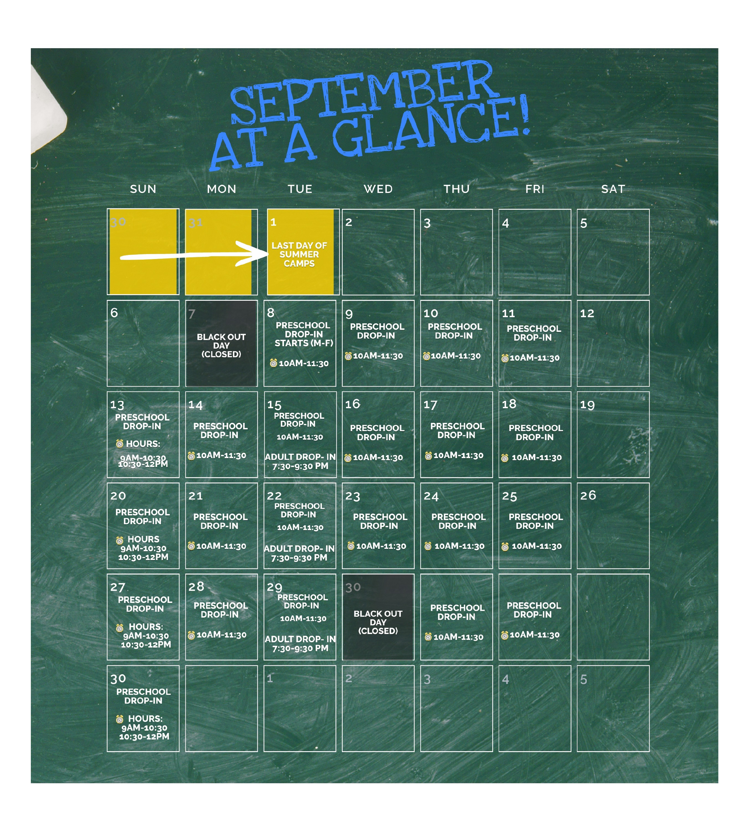 A September calendar on a green chalkboard background with dates marked for various activities, including last day of summer camps, preschool drop-in sessions, and holiday closures.