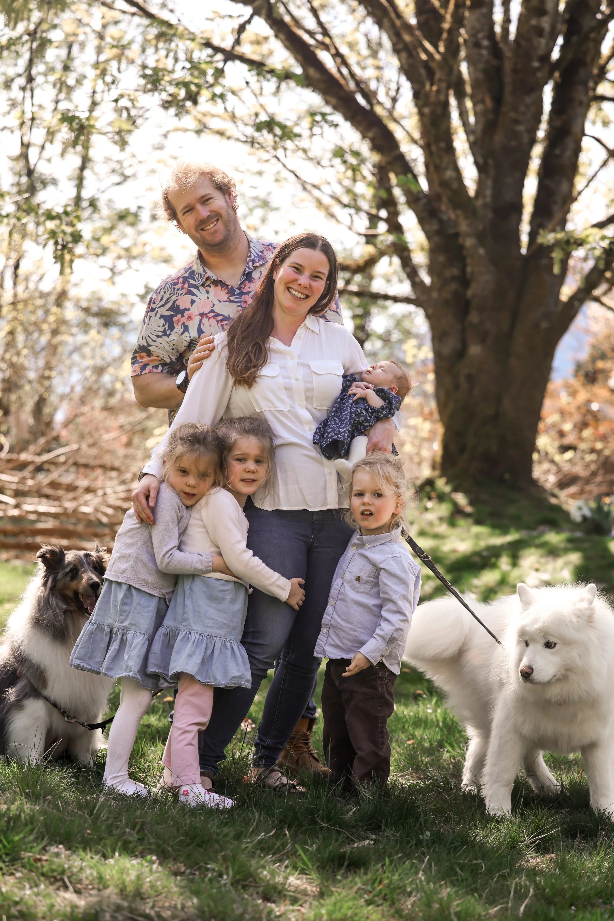 A smiling family of seven, including four young children, two dogs, and a baby, standing outdoors under a large tree in a park during autumn. The children have light-colored hair and are dressed in casual clothes, while the adults are also casually dressed. One dog is a large fluffy white dog, and the other a smaller dog with a black, white, and brown coat. The family appears happy and enjoying the day.