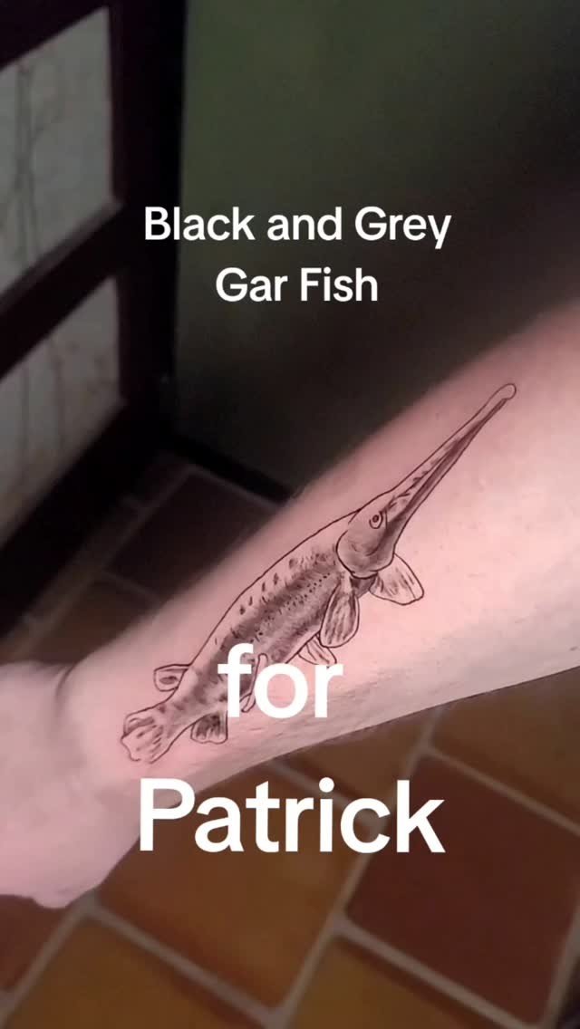 Just a little #blackandgrey #garfish I got to do for the badass @_paneill_ I love to do any of our #nativetexaswildlife and can't wait to get him back in the chair to add more! #dentontattooartist #neurodivergenttattooartist
