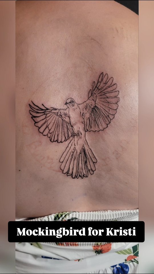 Did this bit of a cover-up tattoo last night for a lovely human named Kristi. She came in as a walk-in and I drew up this #mockingbird on the spot. She liked the pose of one of my swallows but wanted a Mockingbird. All of my designs can be customized