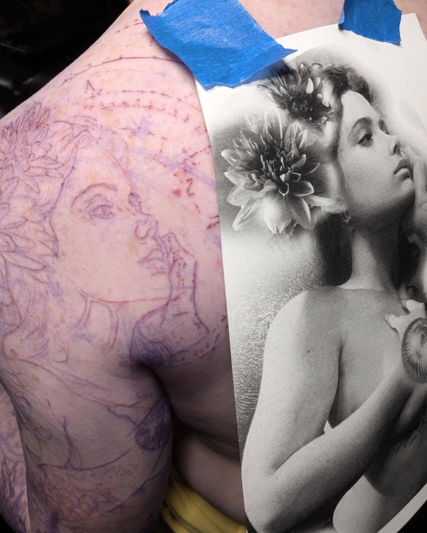Just a work in progress on a full sleeve...
tenacity x experience x dad jokes
We had to map out the whole tattoo in person. No way I can get solid flow with Photoshop alone. We stenciled the whole sleeve in with a grey wash. Gotta have some structu