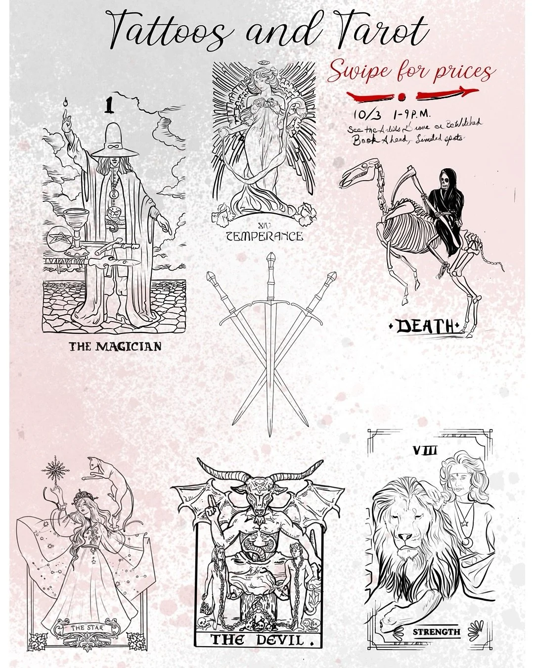 Here are my offerings for our annual Tattoos and Tarot event with @bewitched_denton and @theartistsgrove  10/3/25 1:00-9:00 pM Spots will fill up quickly so snag yours today (I am willing to schedule rain-check sessions so DM me for that.) I&rsquo;m 