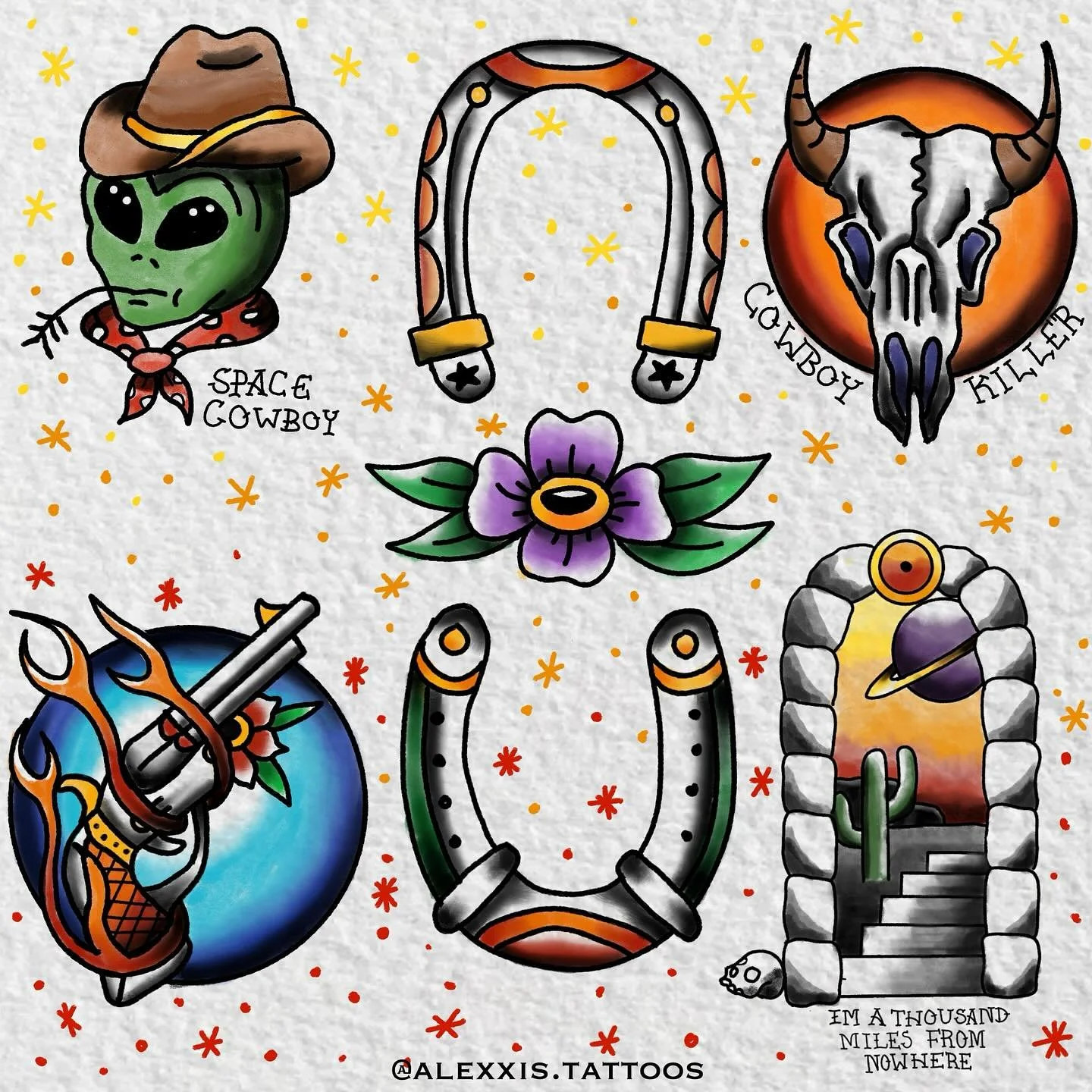 Here&rsquo;s some flash 
Hope you like it, I never thought I&rsquo;d redraw a cowboy hat 30 times to fit an aliens head but you know, it be like that. 
Really getting into western themed American traditional lately. 

#tattoos #tattoo #tattooflash #f