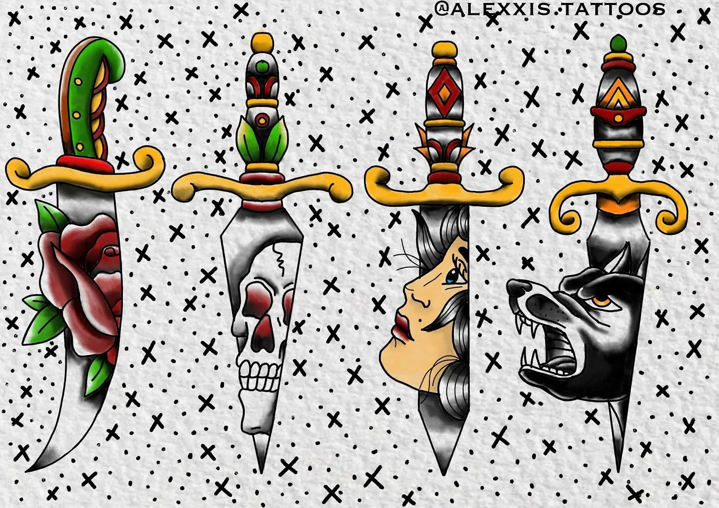 Good morning Chat. 
Here&rsquo;s some trad swords ⚔️
DM for booking and pricing 

#tattoos #americantraditionaltattoo #americantraditional #tattoo #tattooartist #tattooing #denton #texas #northtexas #ntx #dallasmetro #dfw #dentontexas #bodyart #bodym